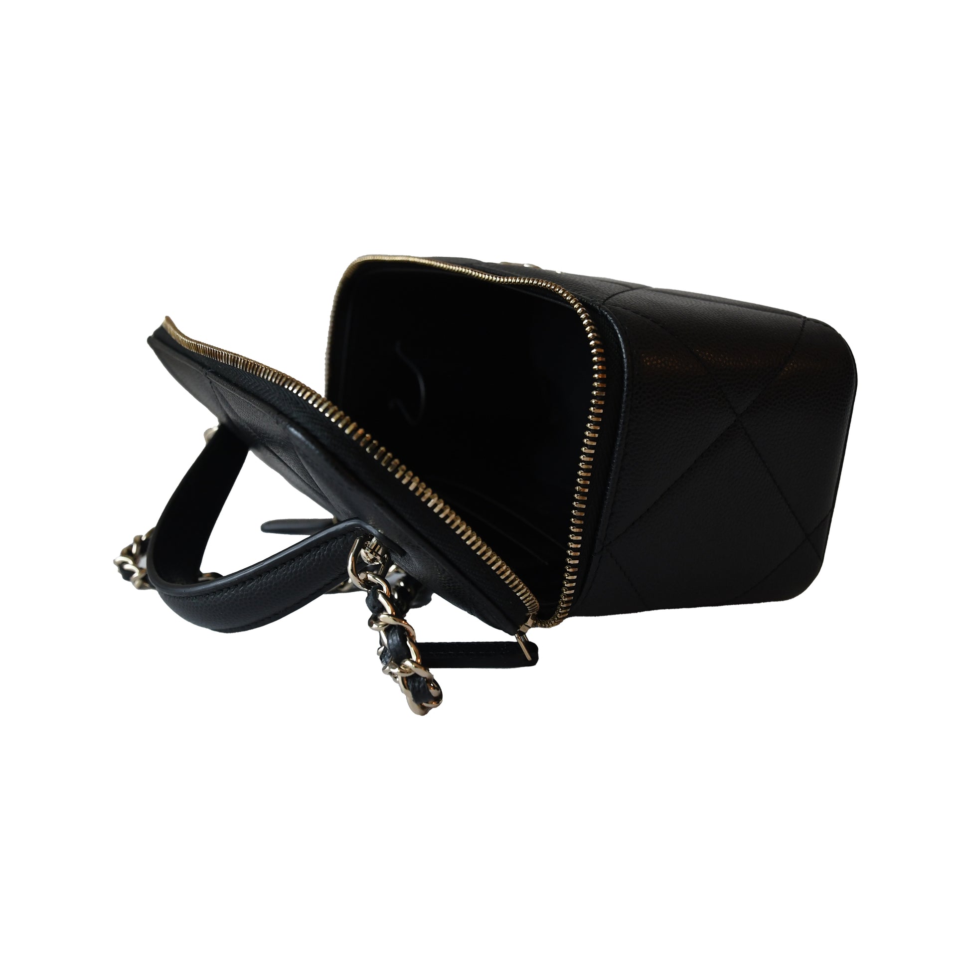Chanel 25K Caviar Quilted Vanity Case Top Handle With Chain Gold hardware Black-NOBLEMARS