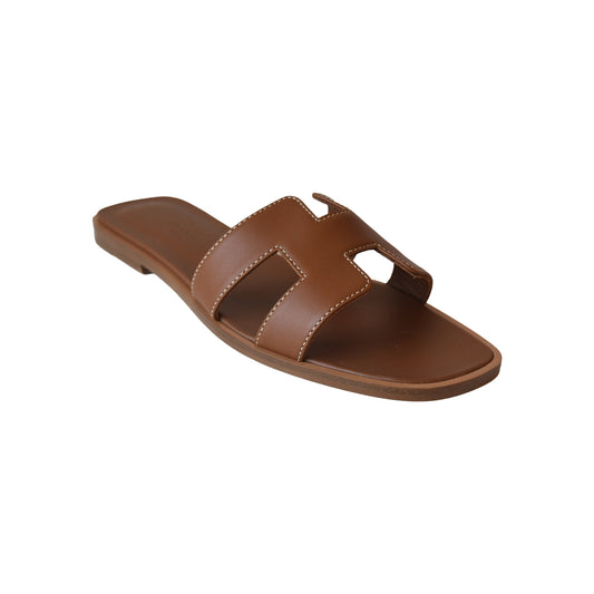 Hermes Oran Sandals Gold Brown-NOBLEMARS