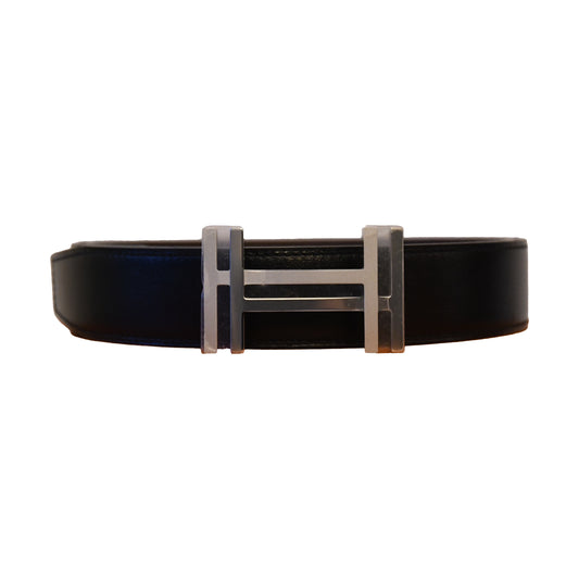 Hermes H Au Carre Reversible Belt Silver Hardware Black-NOBLEMARS