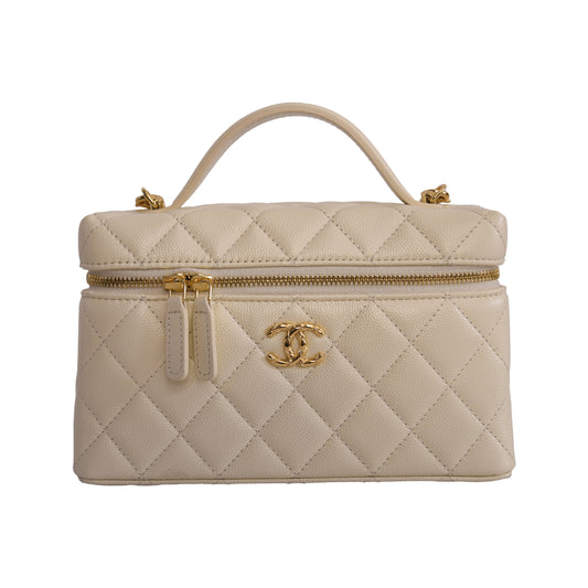 Chanel L19 Top Handle Vanity Case with Chain Gold hardware Light Beige