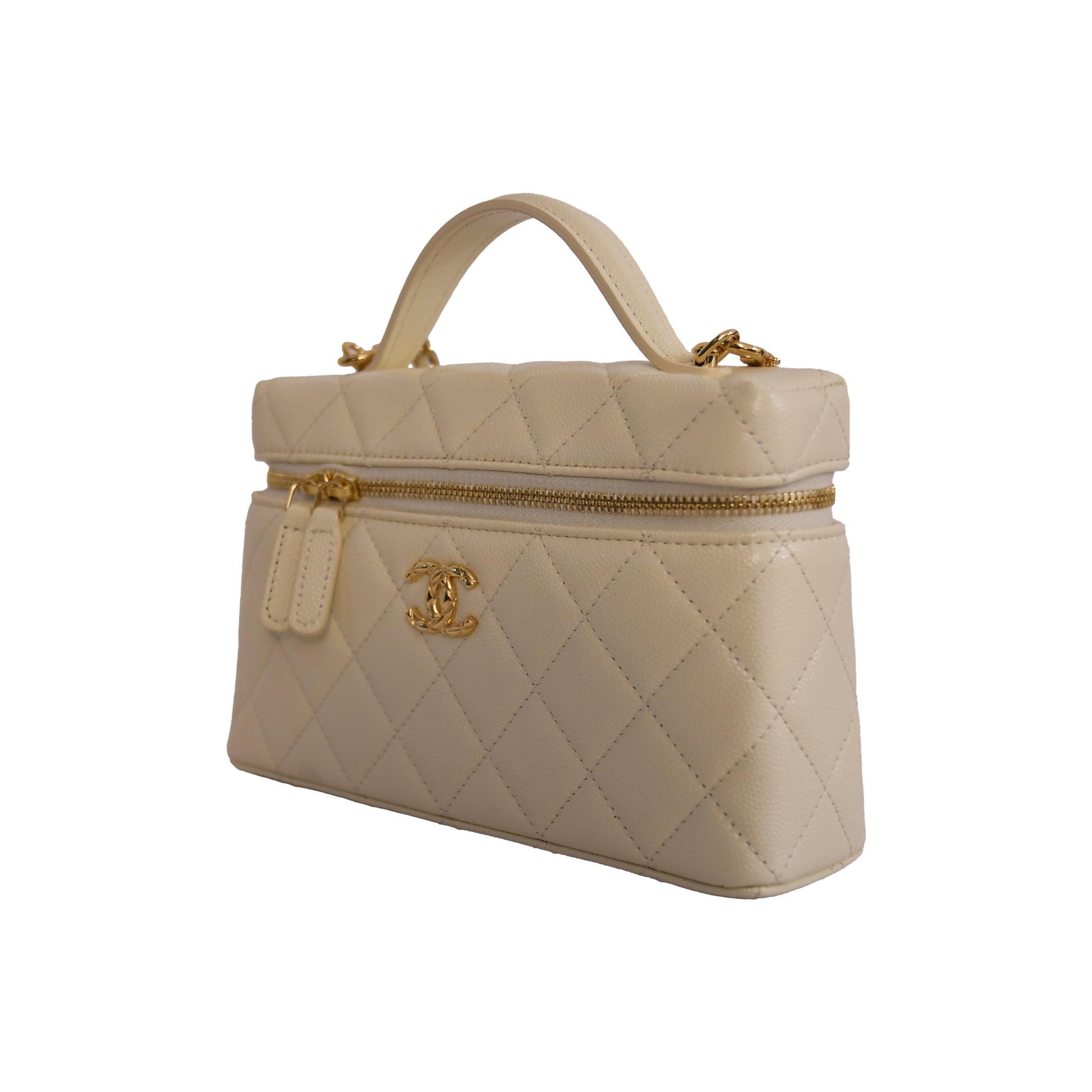 Chanel L19 Top Handle Vanity Case with Chain Gold hardware Light Beige-NOBLEMARS
