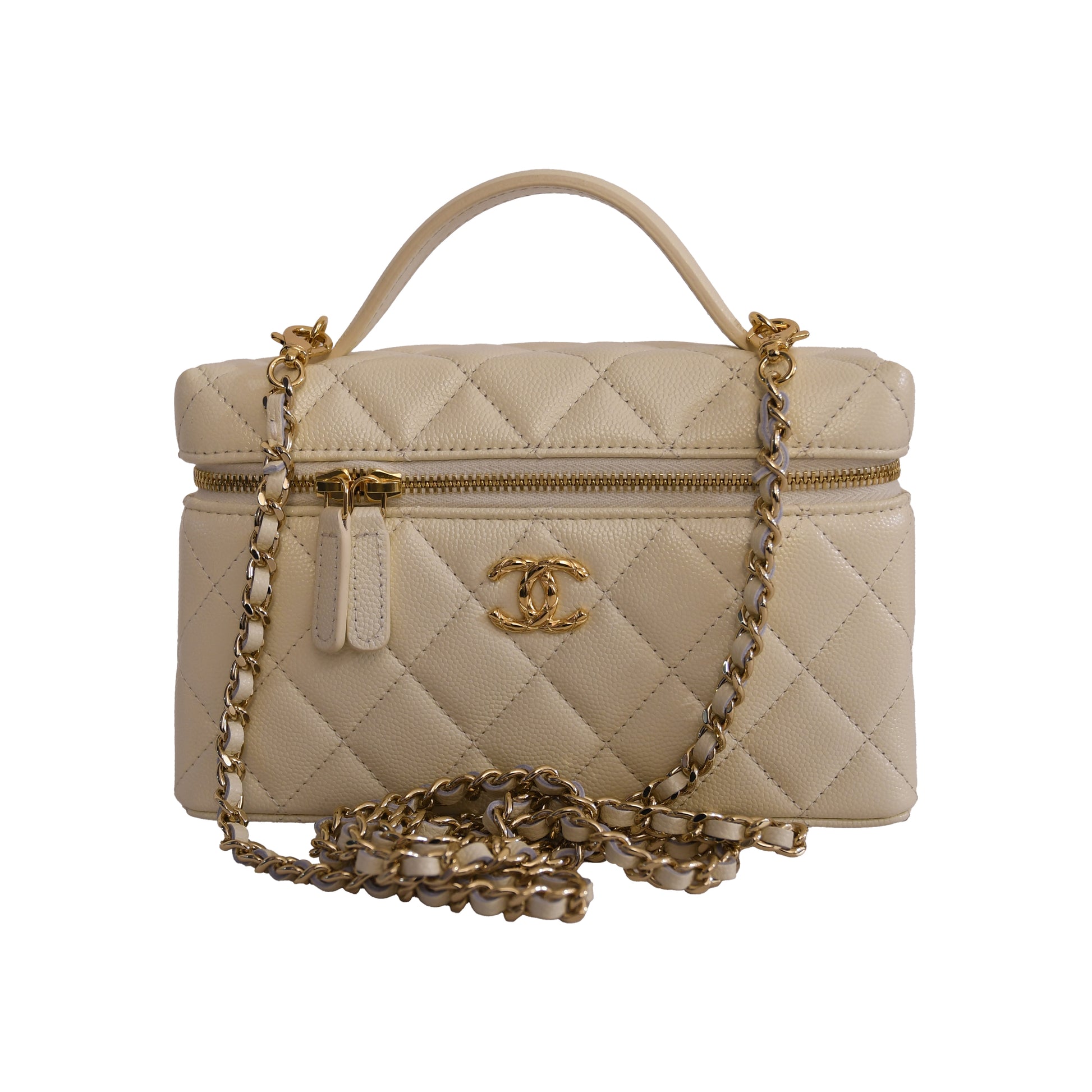 Chanel L19 Top Handle Vanity Case with Chain Gold hardware Light Beige-NOBLEMARS