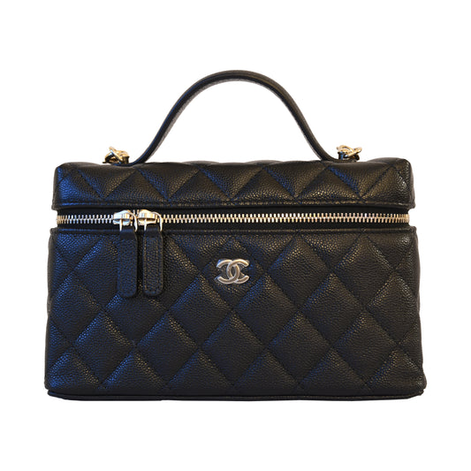 Chanel CC Quilted Caviar Top Handle Long Chain Vanity Case L19 Gold Hardware Black-NOBLEMARS