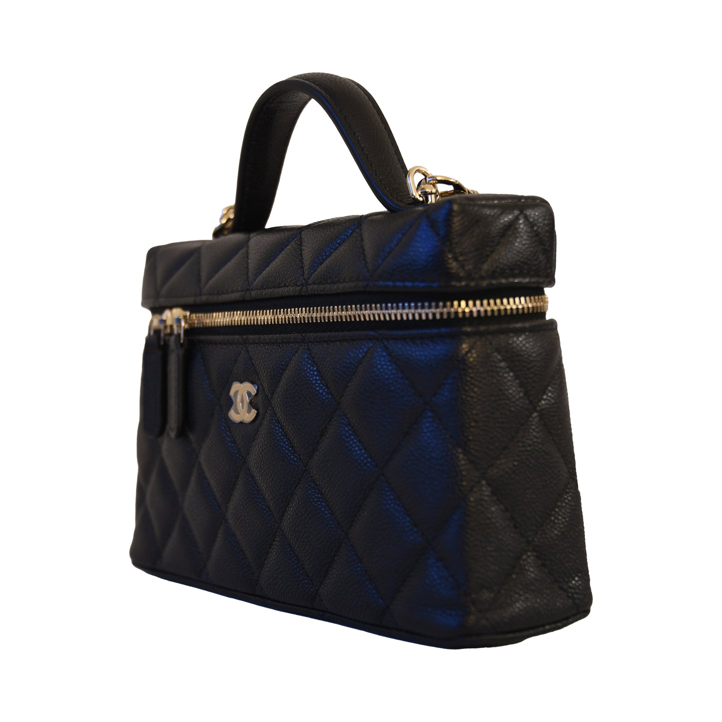 Chanel CC Quilted Caviar Top Handle Long Chain Vanity Case L19 Gold Hardware Black-NOBLEMARS
