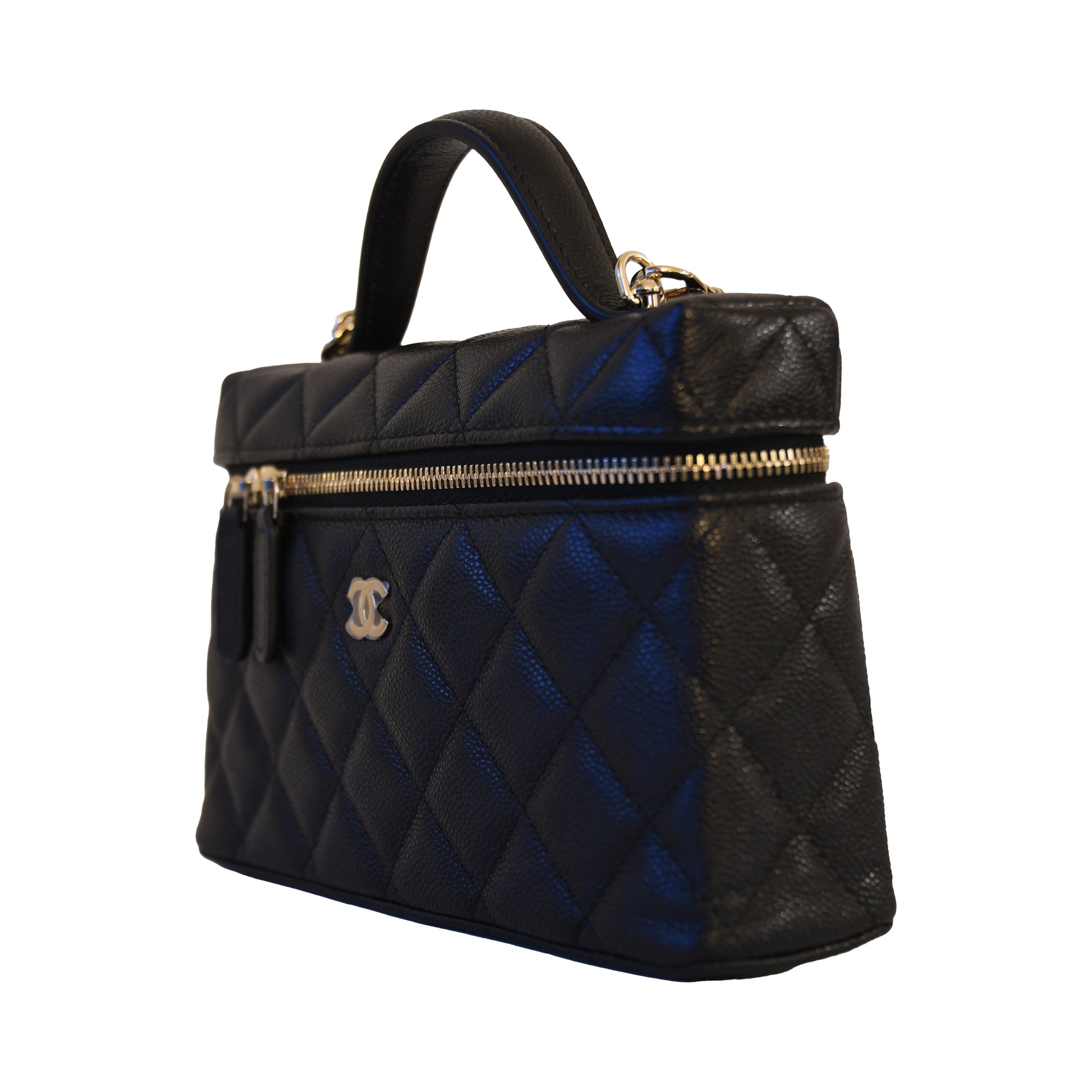 Chanel CC Quilted Caviar Top Handle Long Chain Vanity Case L19 Gold Hardware Black-NOBLEMARS