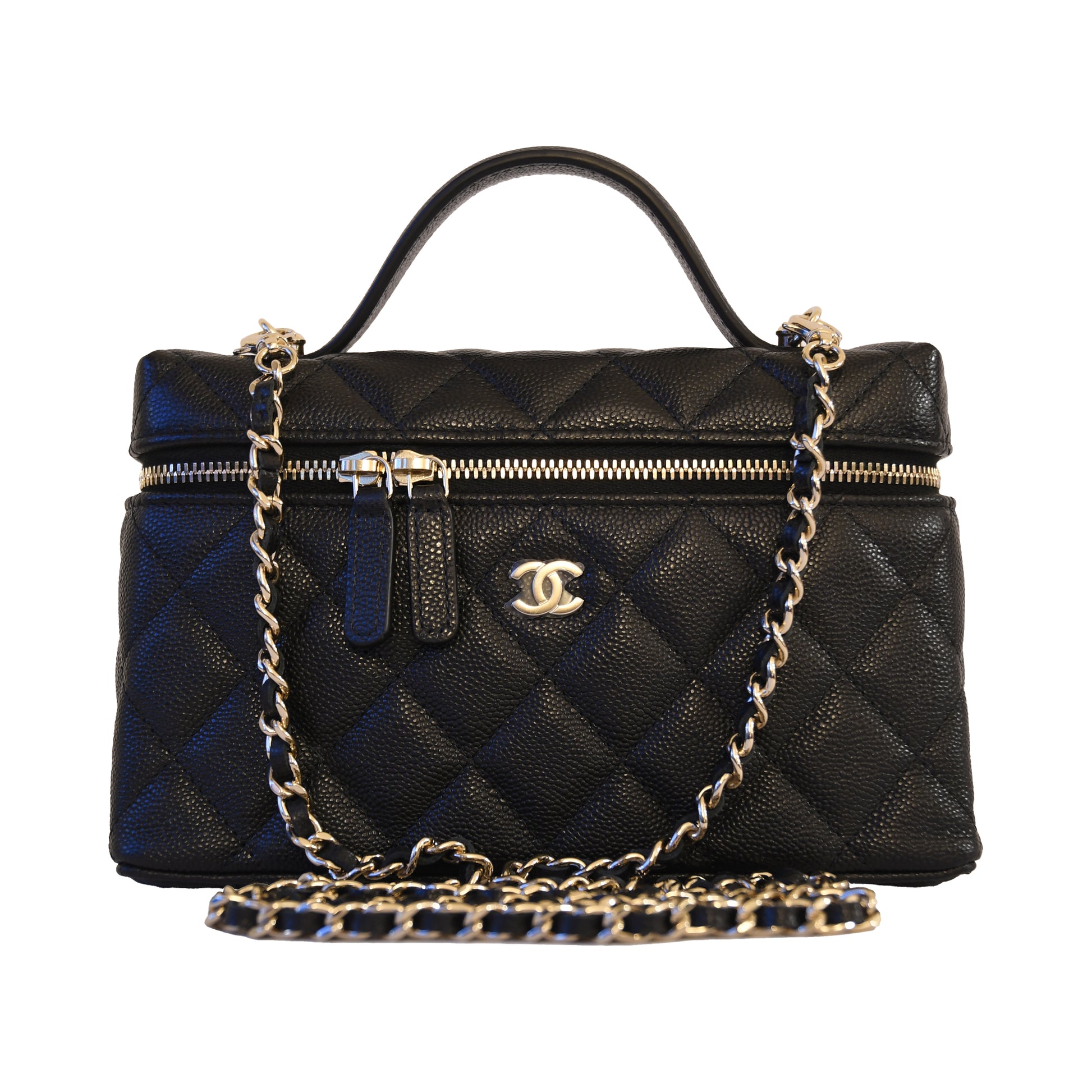 Chanel CC Quilted Caviar Top Handle Long Chain Vanity Case L19 Gold Hardware Black-NOBLEMARS