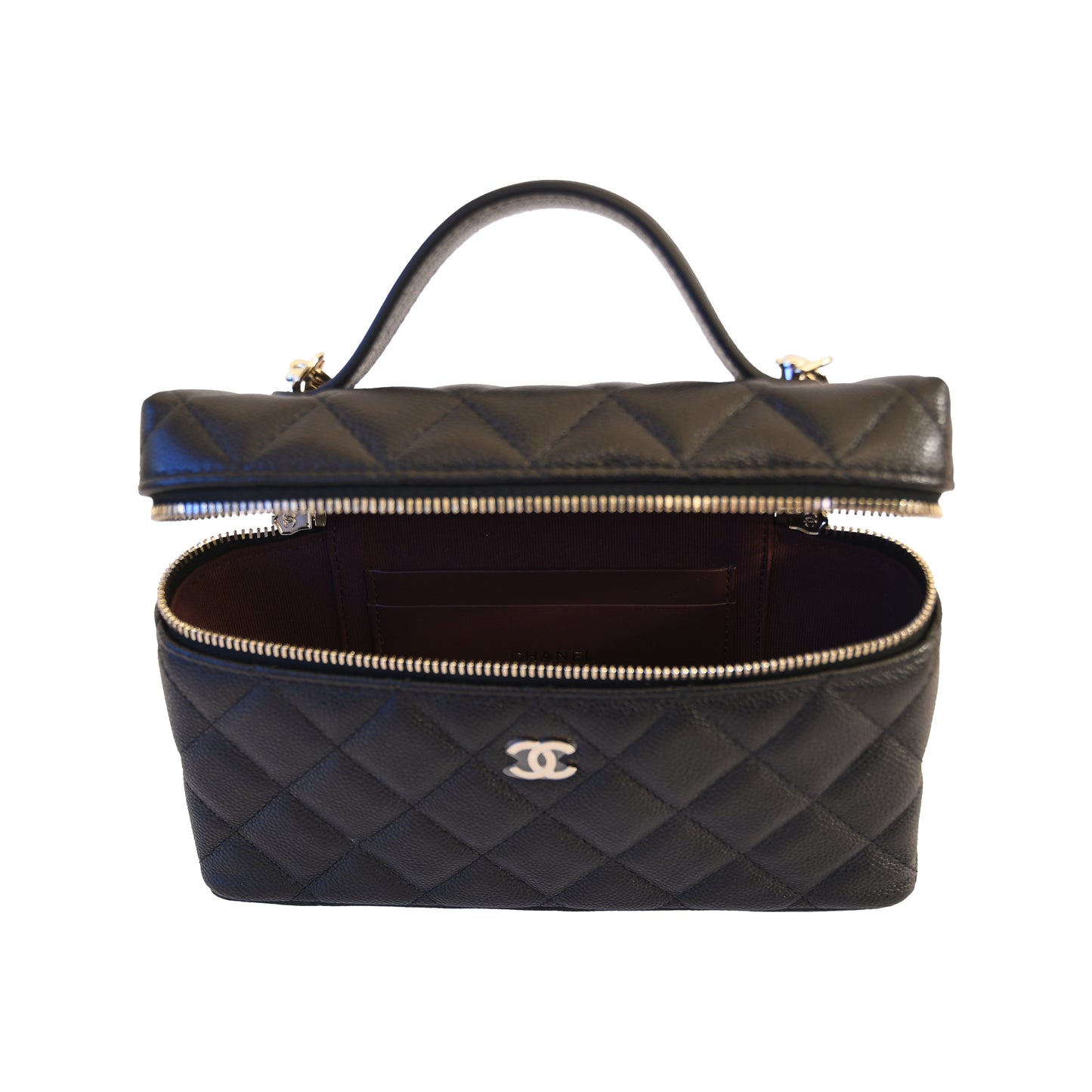 Chanel CC Quilted Caviar Top Handle Long Chain Vanity Case L19 Gold Hardware Black-NOBLEMARS