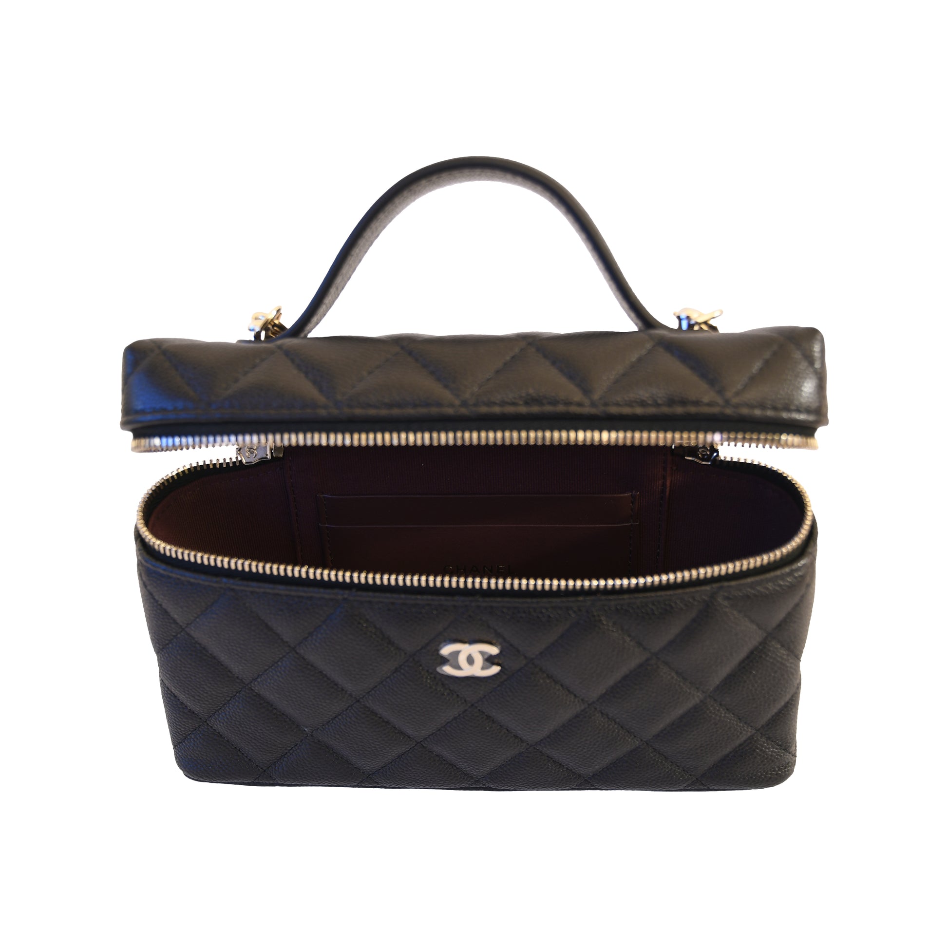 Chanel CC Quilted Caviar Top Handle Long Chain Vanity Case L19 Gold Hardware Black-NOBLEMARS