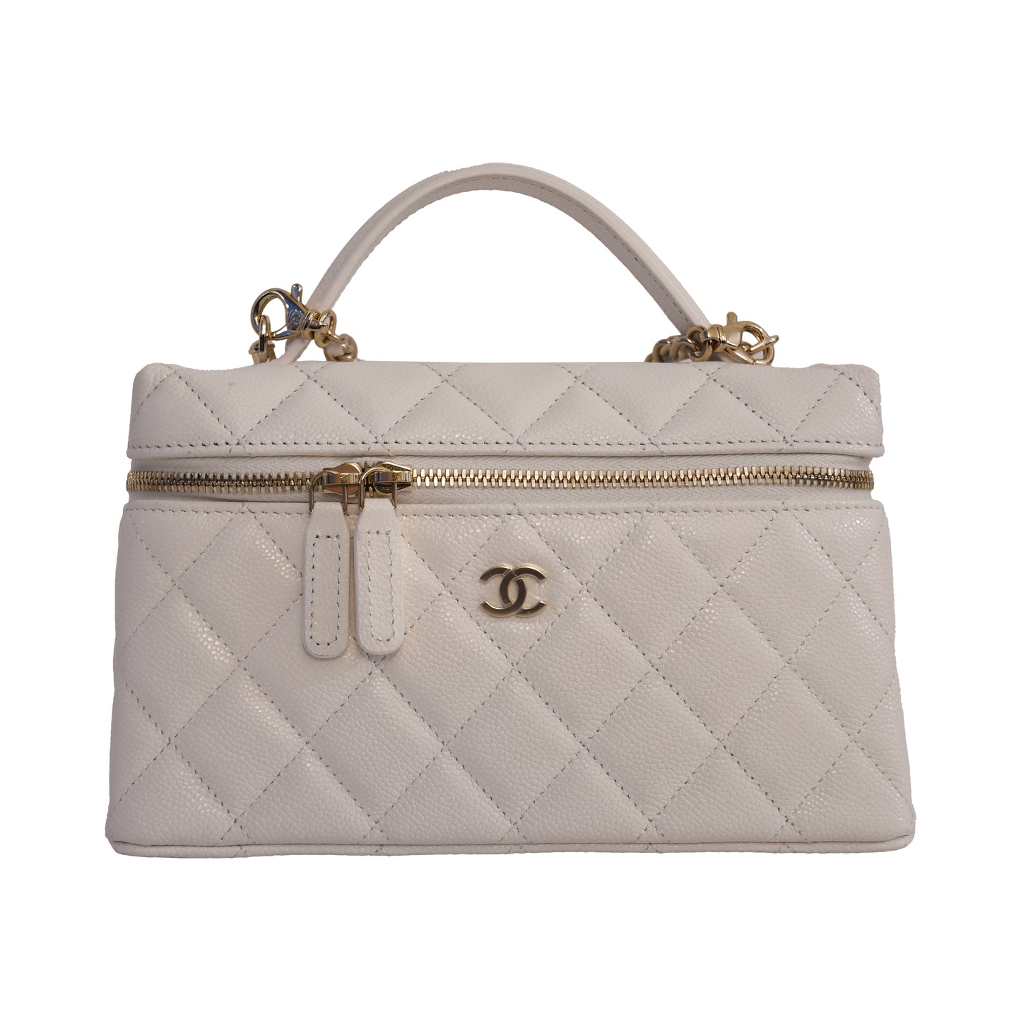 Chanel CC Quilted Caviar Top Handle Long Chain Vanity Case L19 Gold Hardware White-NOBLEMARS