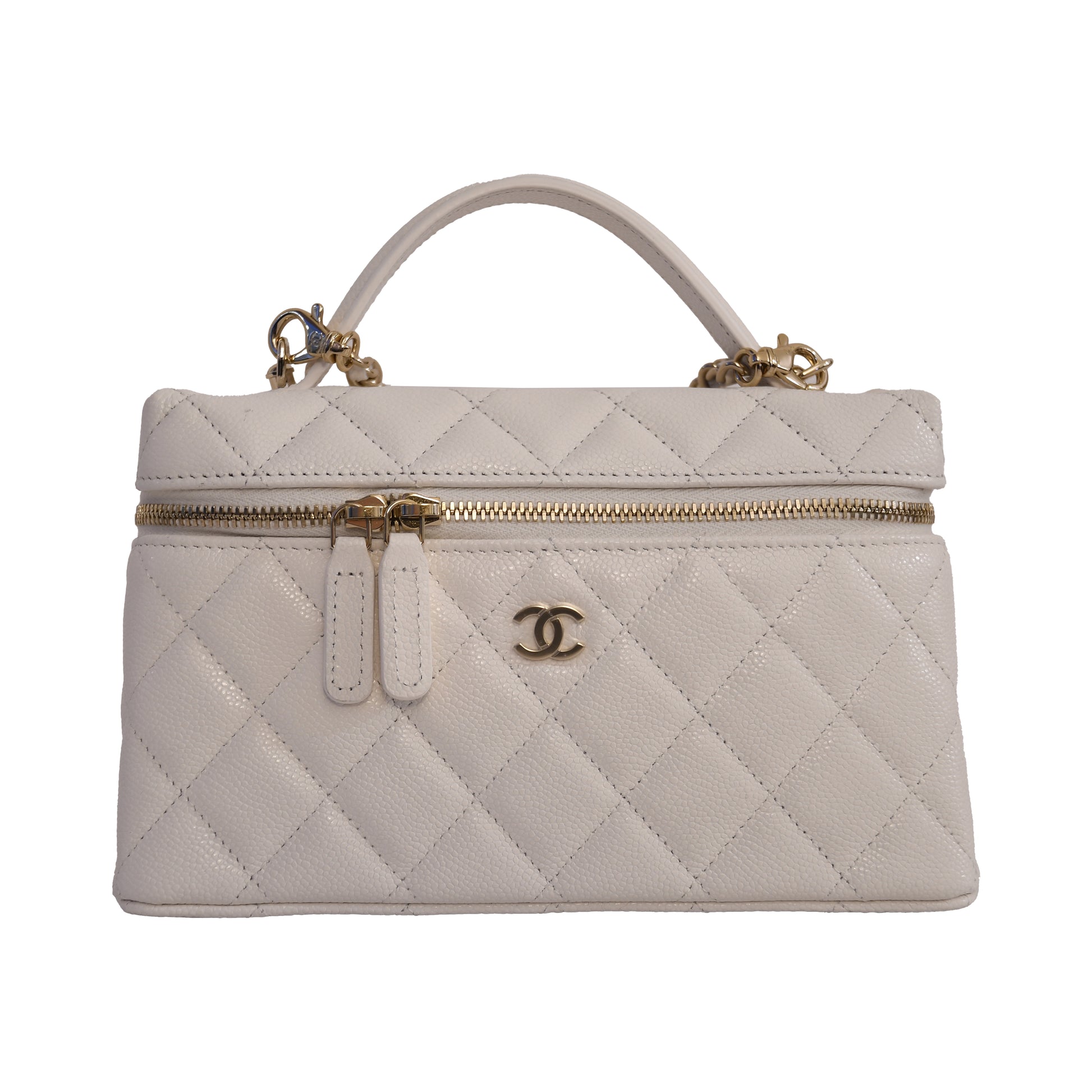 Chanel CC Quilted Caviar Top Handle Long Chain Vanity Case L19 Gold Hardware White-NOBLEMARS