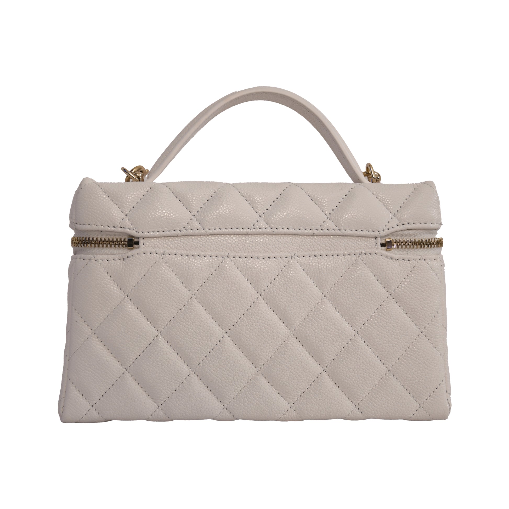Chanel CC Quilted Caviar Top Handle Long Chain Vanity Case L19 Gold Hardware White-NOBLEMARS