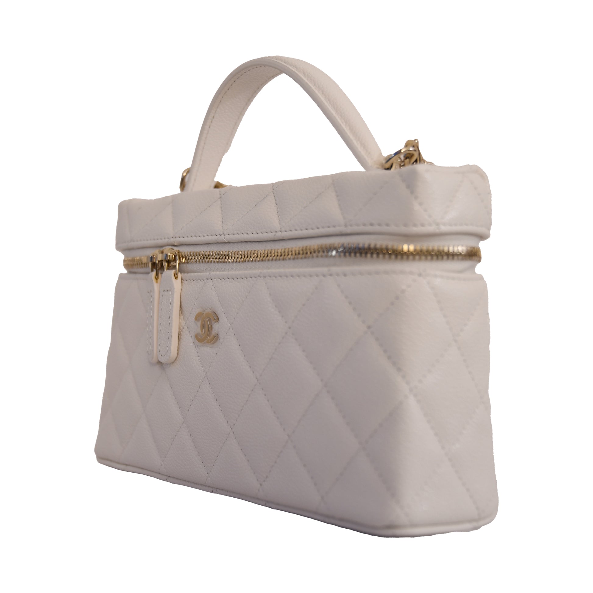 Chanel CC Quilted Caviar Top Handle Long Chain Vanity Case L19 Gold Hardware White-NOBLEMARS