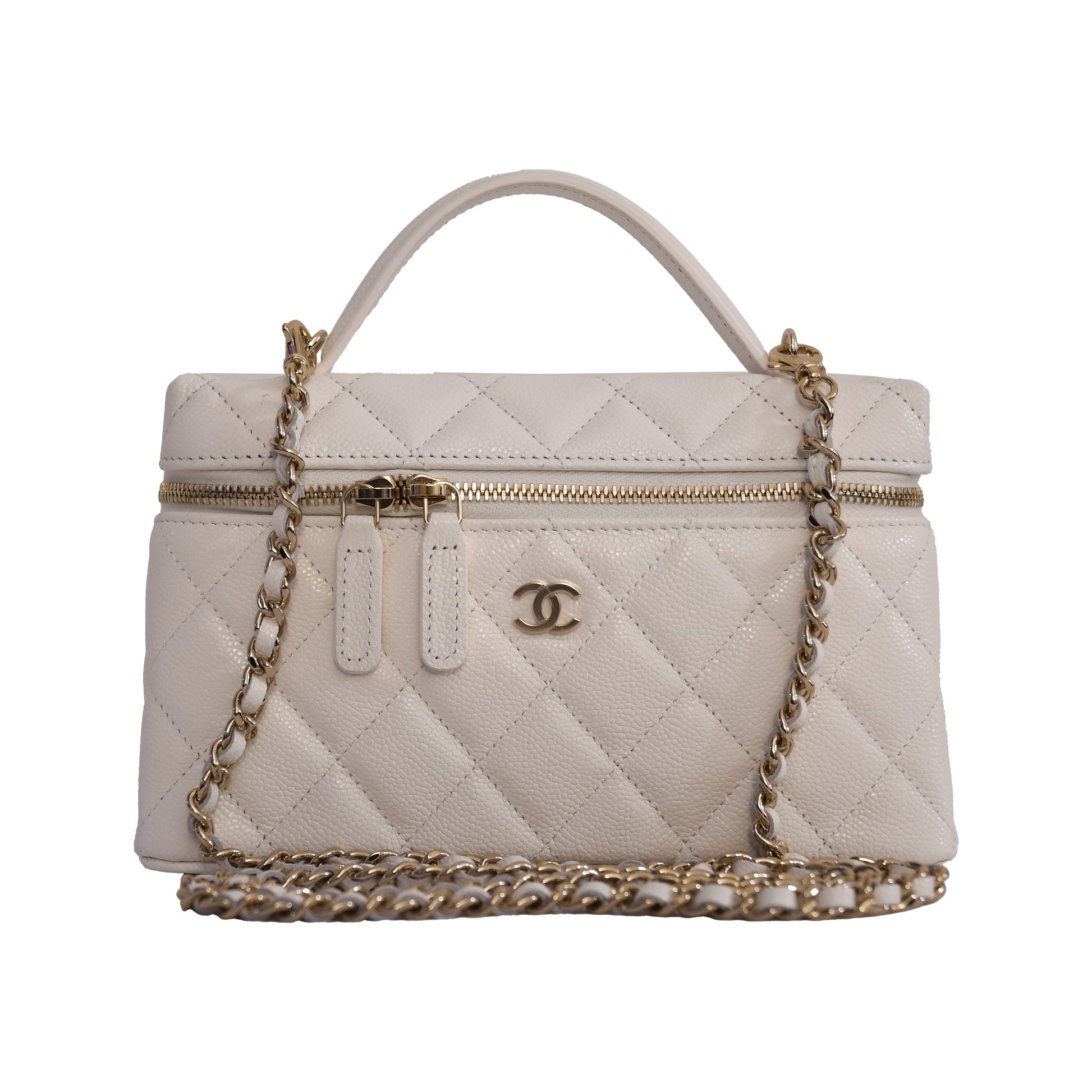 Chanel CC Quilted Caviar Top Handle Long Chain Vanity Case L19 Gold Hardware White-NOBLEMARS