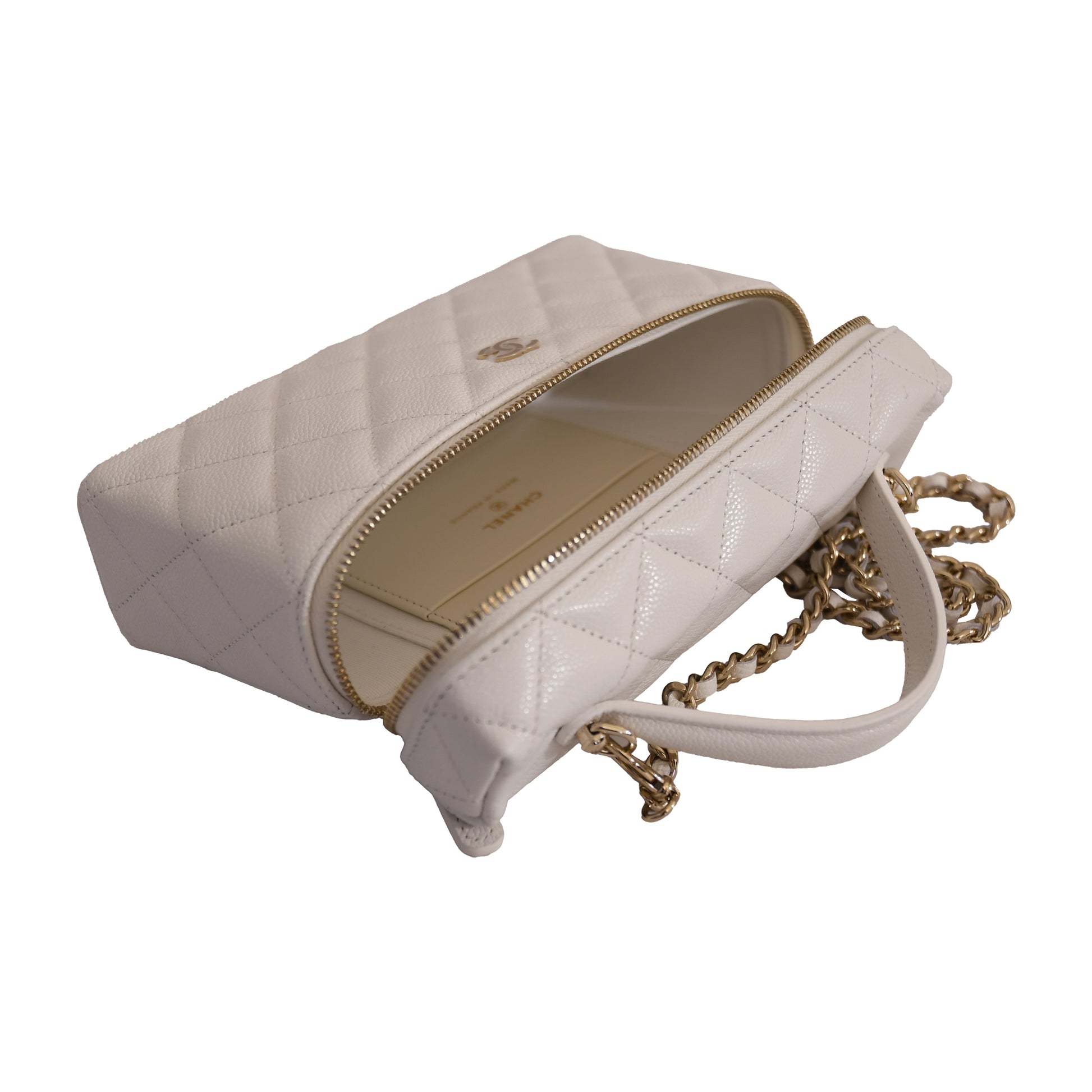 Chanel CC Quilted Caviar Top Handle Long Chain Vanity Case L19 Gold Hardware White-NOBLEMARS