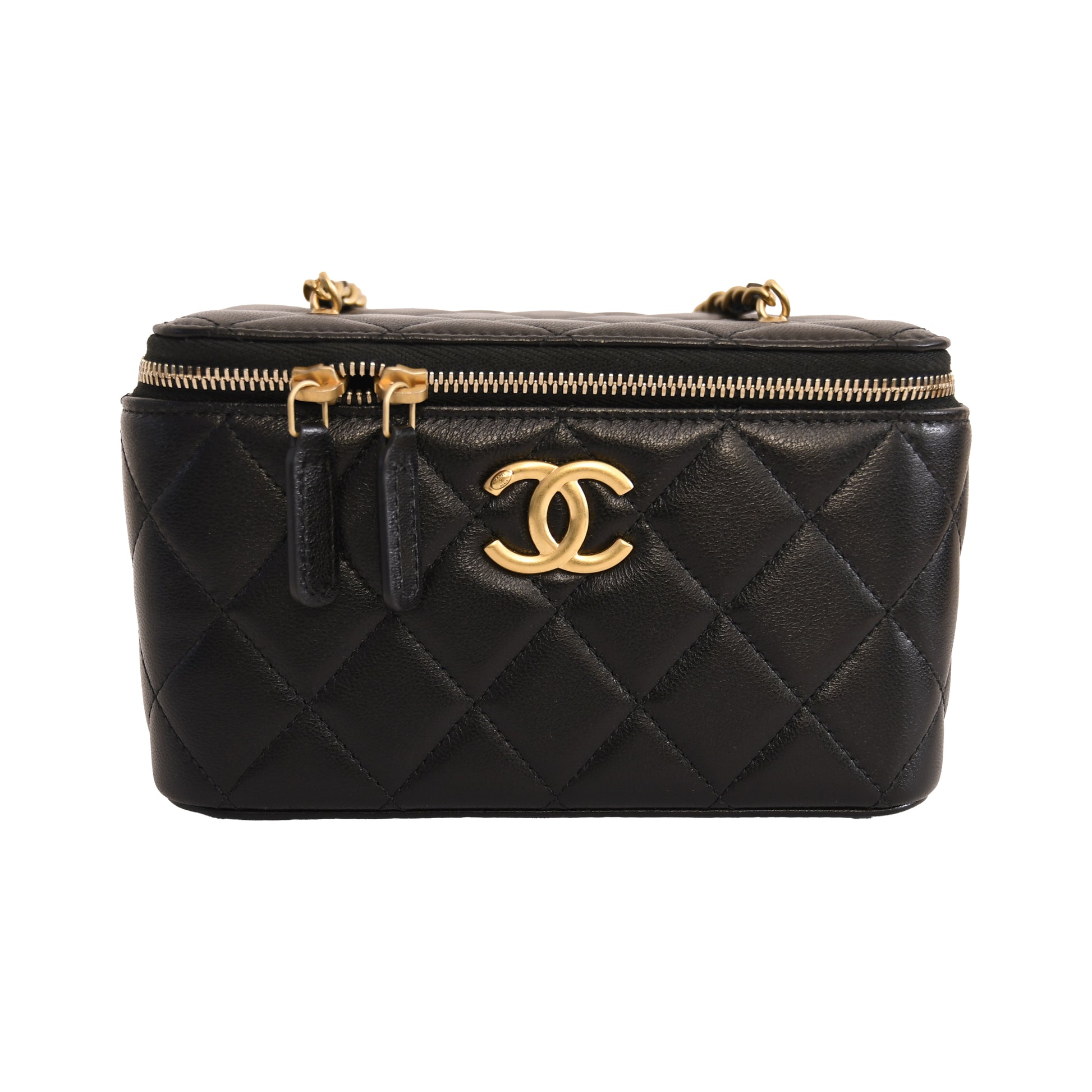 Chanel Lambskin Quilted Vanity Case With Chain Black-NOBLEMARS