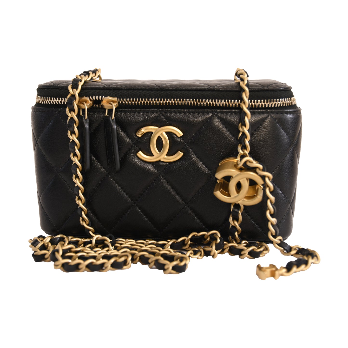 Chanel Lambskin Quilted Vanity Case With Chain Black-NOBLEMARS