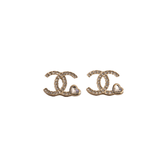 Chanel CC Crystal Strass With Heart accents Stud Earrings Gold-NOBLEMARS