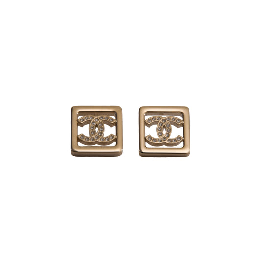 Chanel CC Crystal Strass Square Stud Earrings Gold-NOBLEMARS