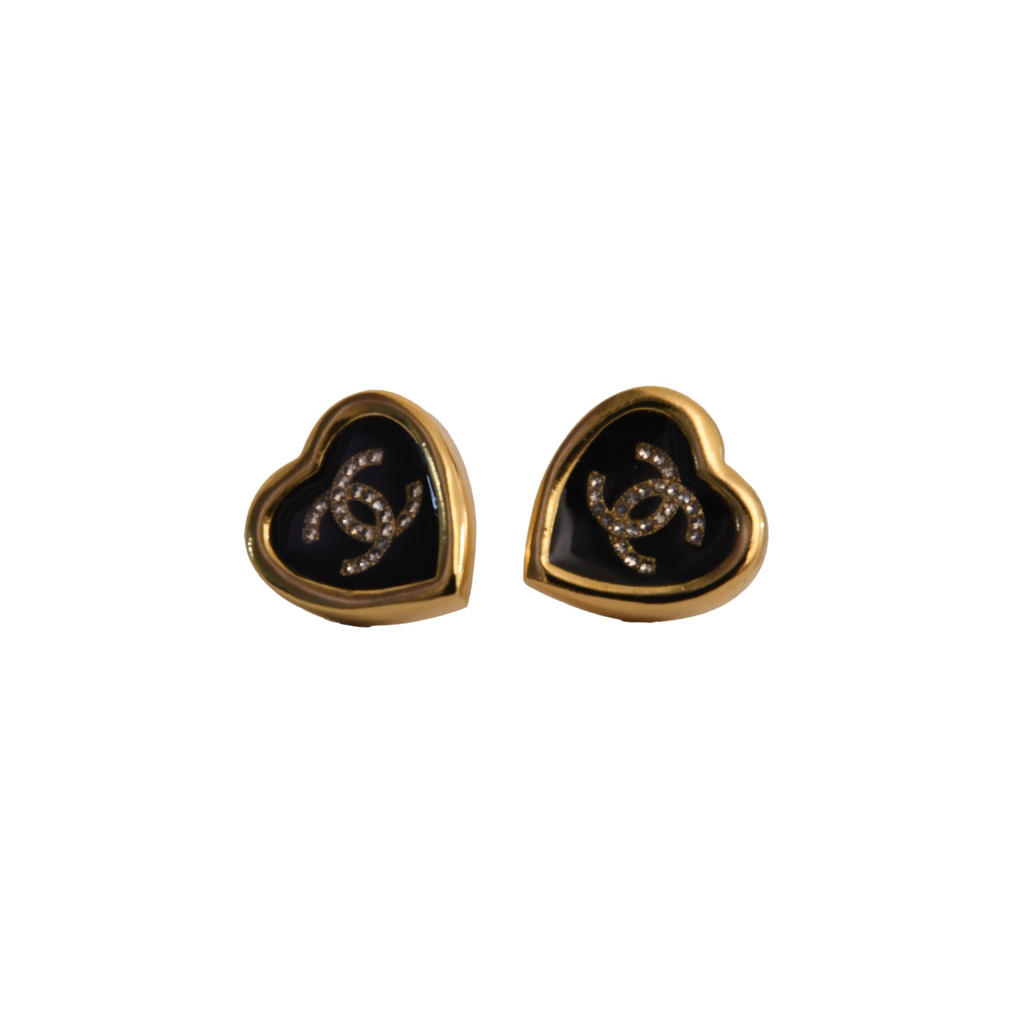 Chanel 25B CC Crystal Strass Enamel Heart Stud Earrings Light Gold Hardware Black-NOBLEMARS