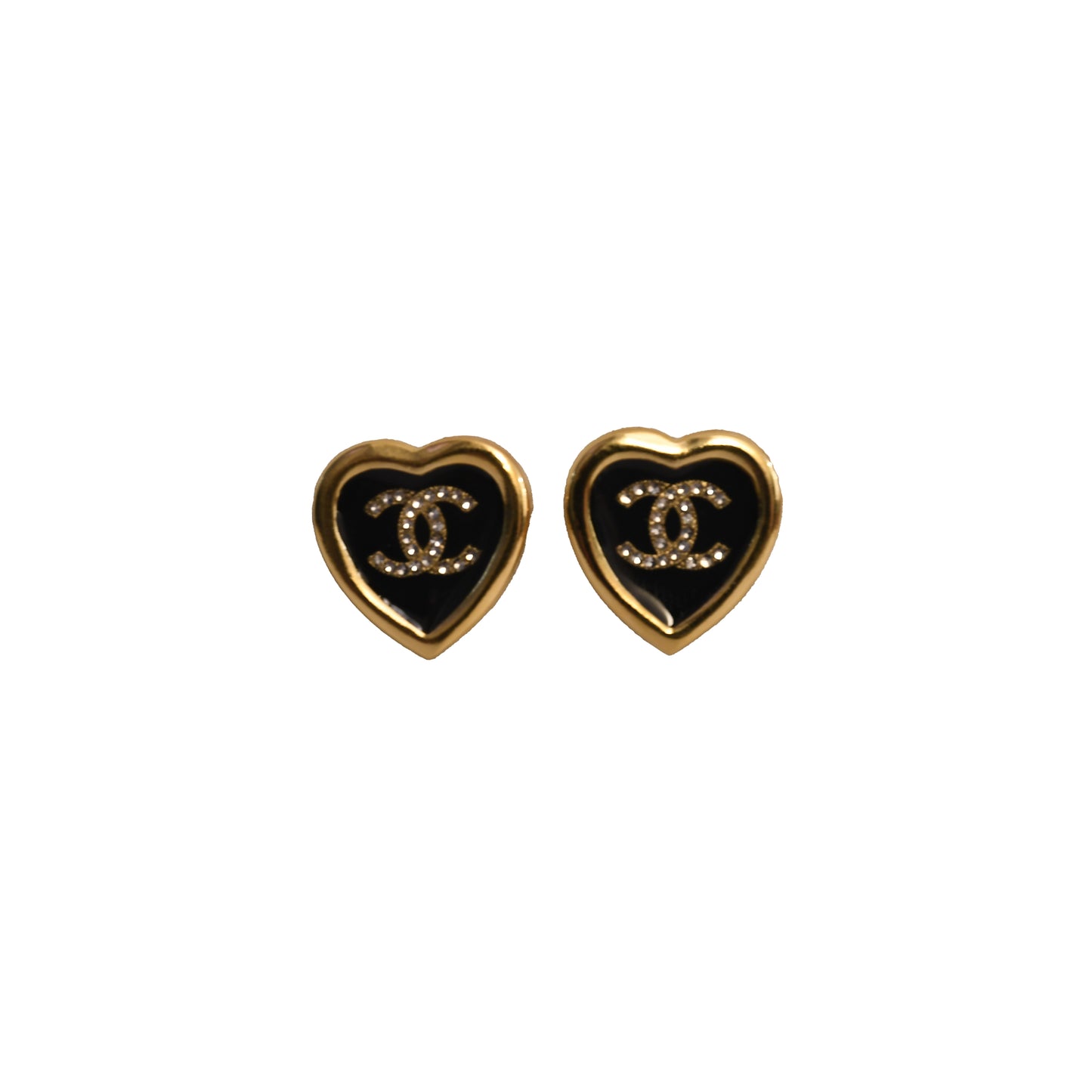 Chanel 25B CC Crystal Strass Enamel Heart Stud Earrings Light Gold Hardware Black-NOBLEMARS