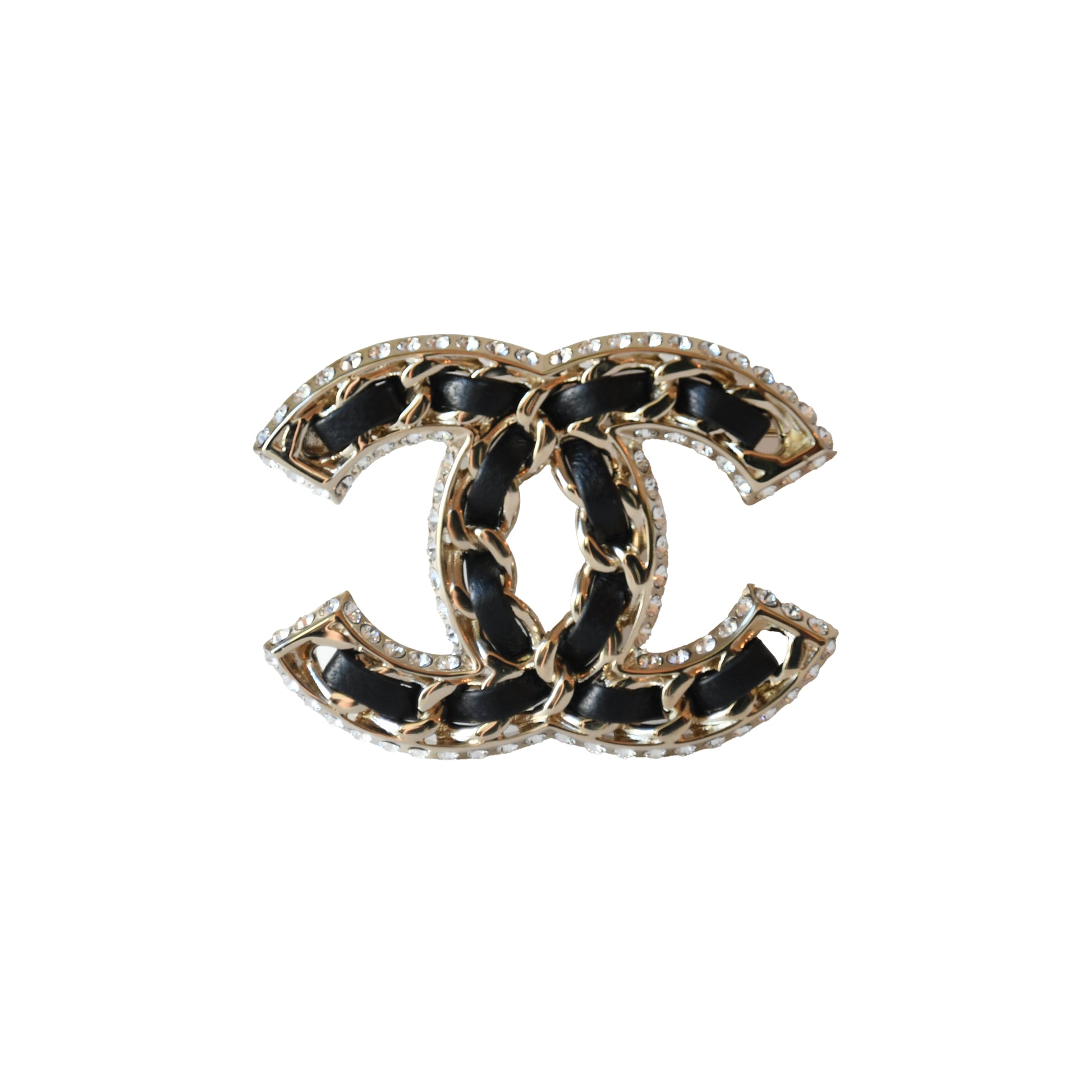 Chanel CC Crystal Strass B23P Brooch Metal with leather Gold Black-NOBLEMARS