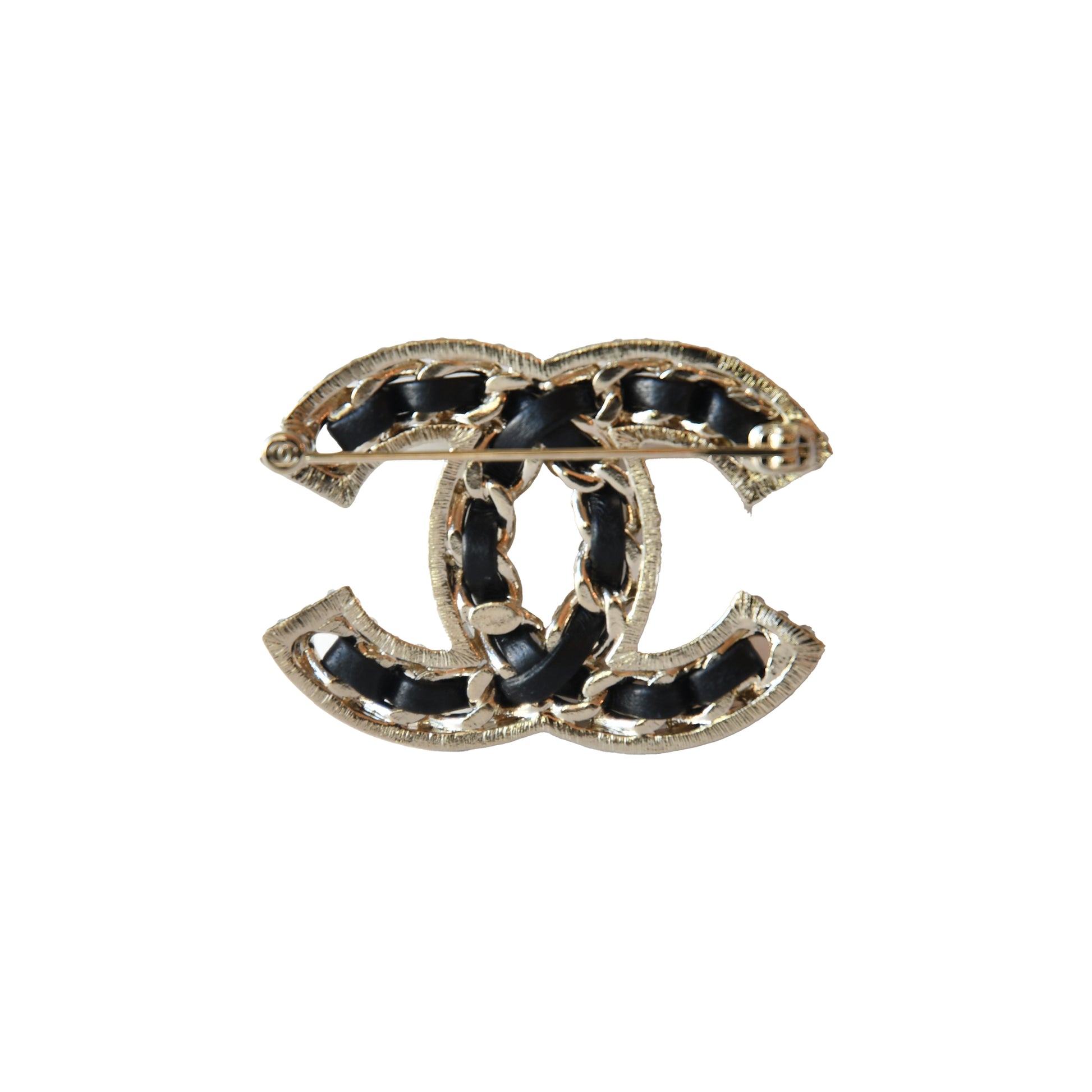 Chanel CC Crystal Strass B23P Brooch Metal with leather Gold Black-NOBLEMARS