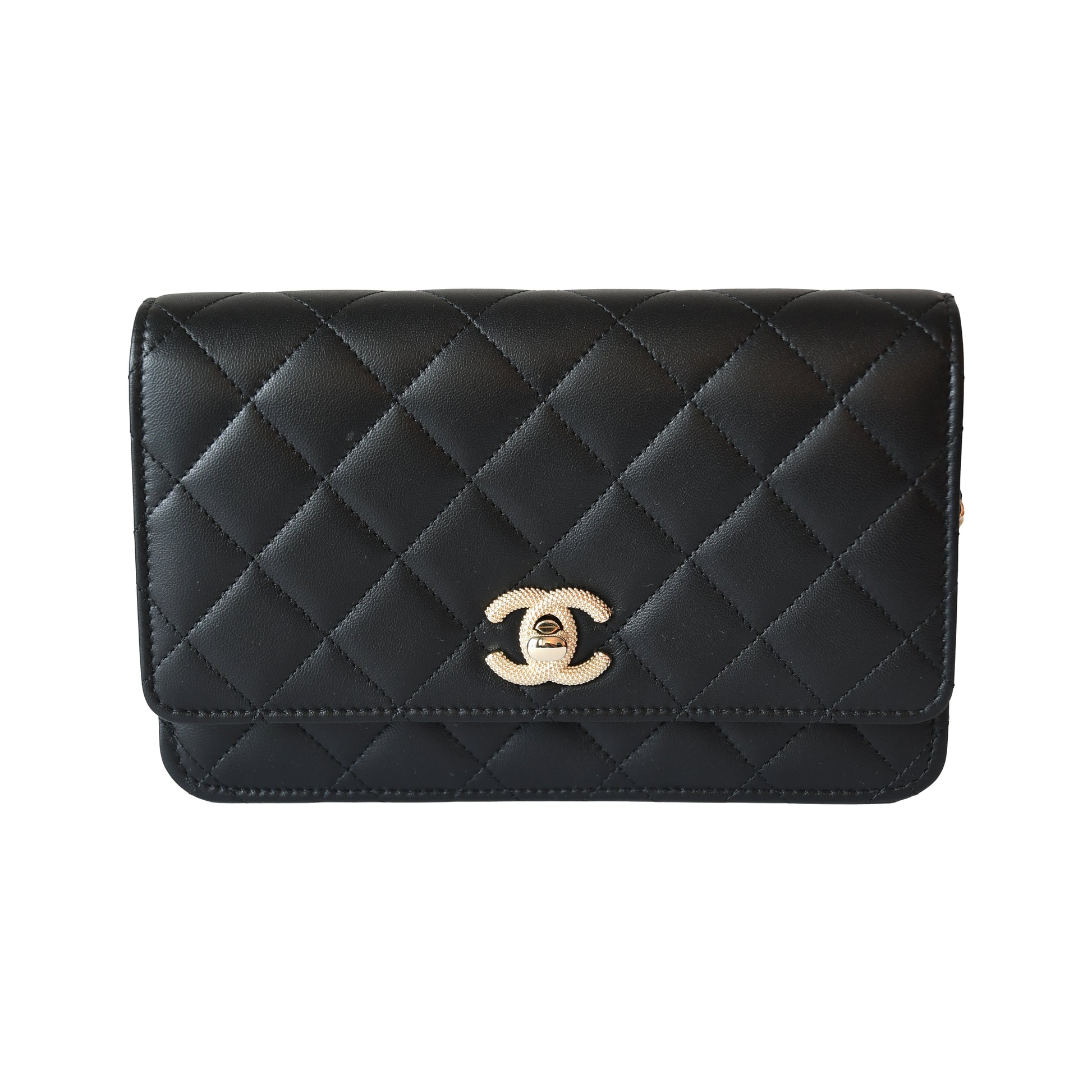 Chanel CC Quilted Lambskin Wallet On Chain WOC Light Gold Hardware Black-NOBLEMARS