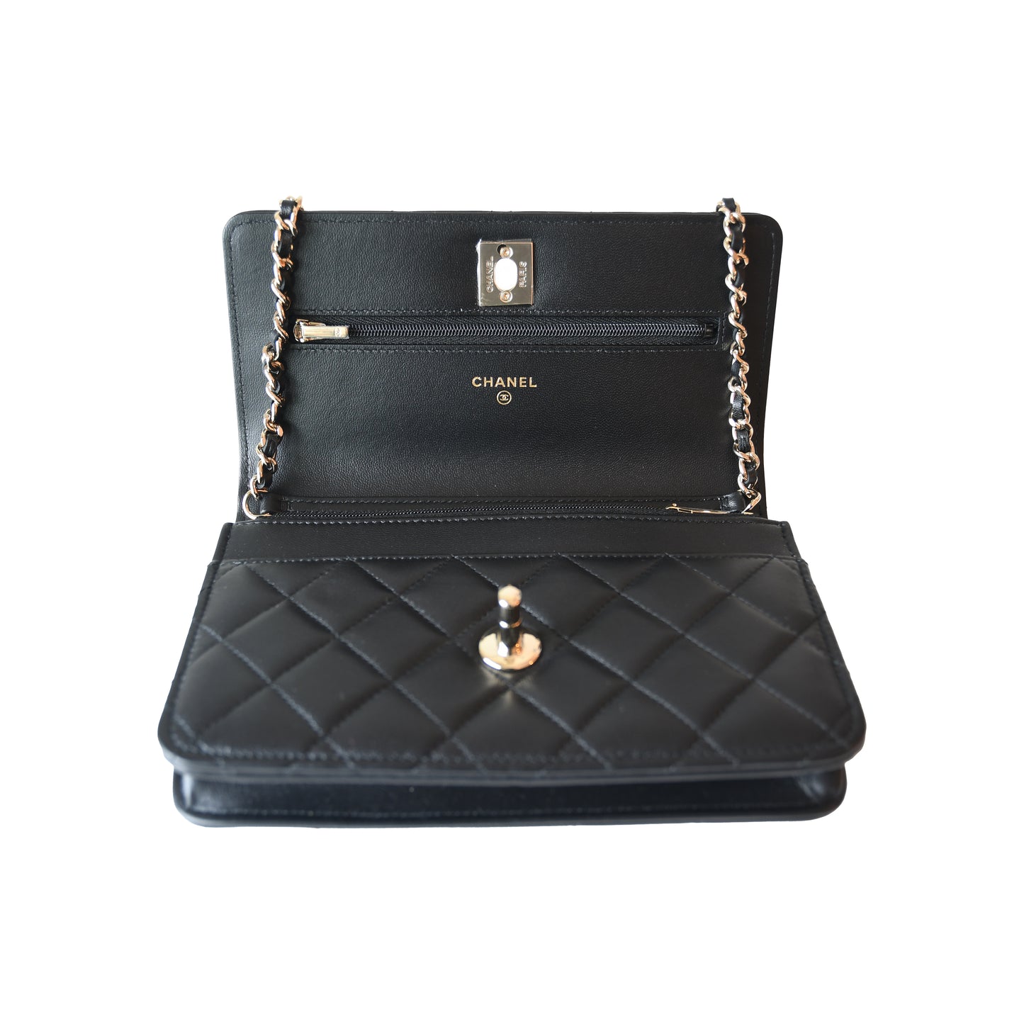 Chanel CC Quilted Lambskin Wallet On Chain WOC Light Gold Hardware Black-NOBLEMARS