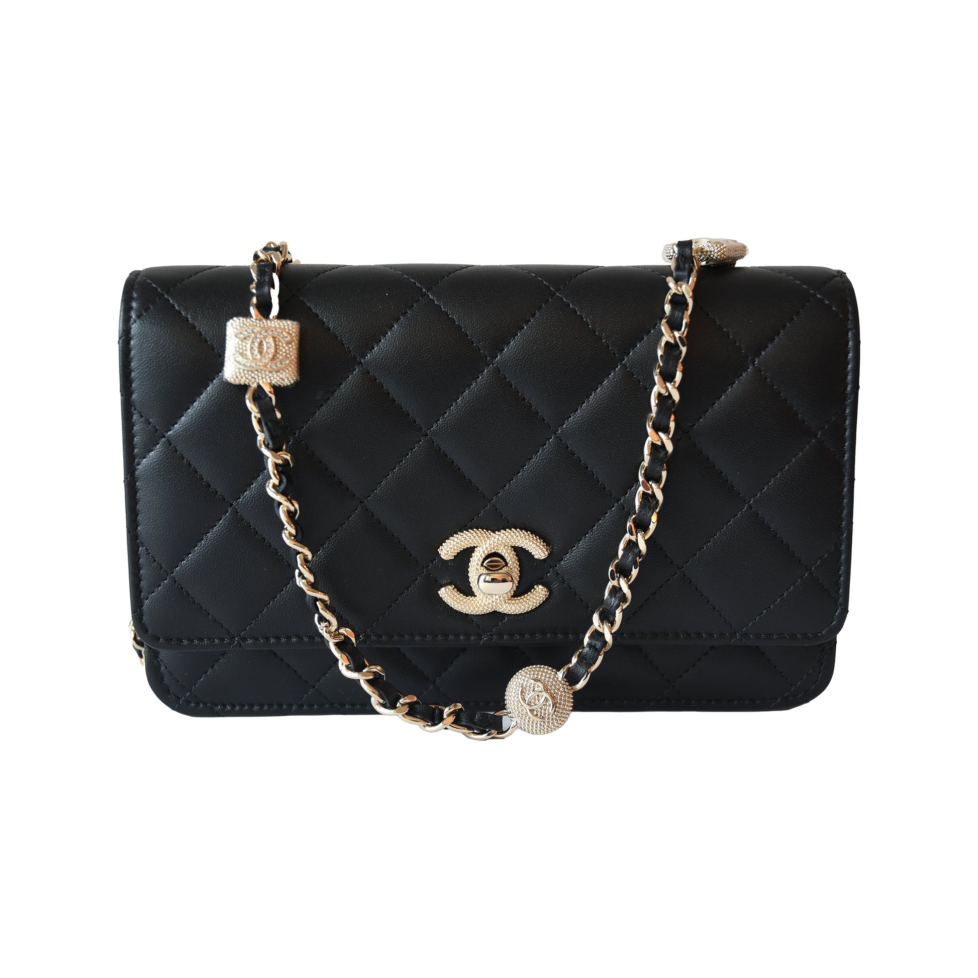 Chanel CC Quilted Lambskin Wallet On Chain WOC Light Gold Hardware Black-NOBLEMARS