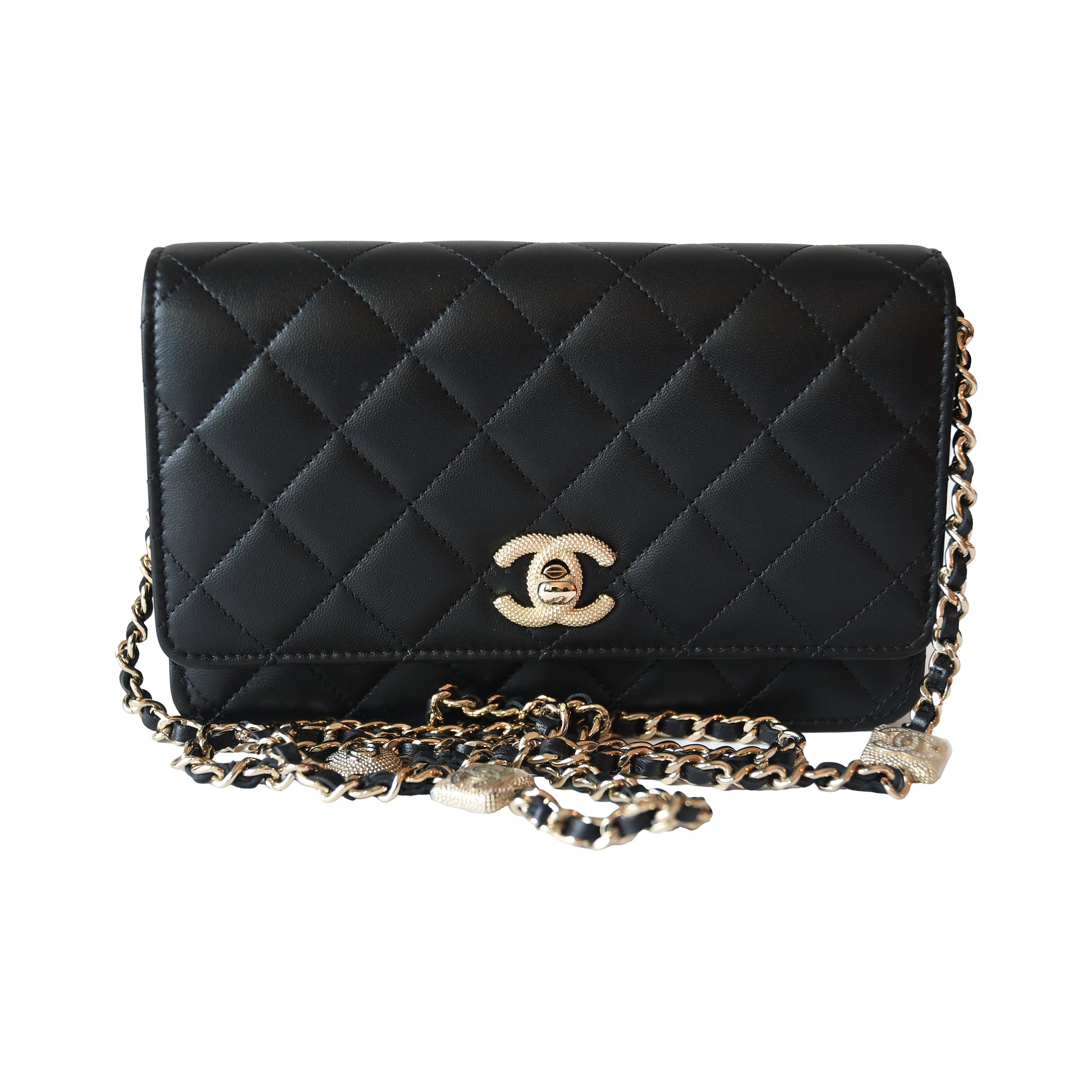 Chanel CC Quilted Lambskin Wallet On Chain WOC Light Gold Hardware Black-NOBLEMARS