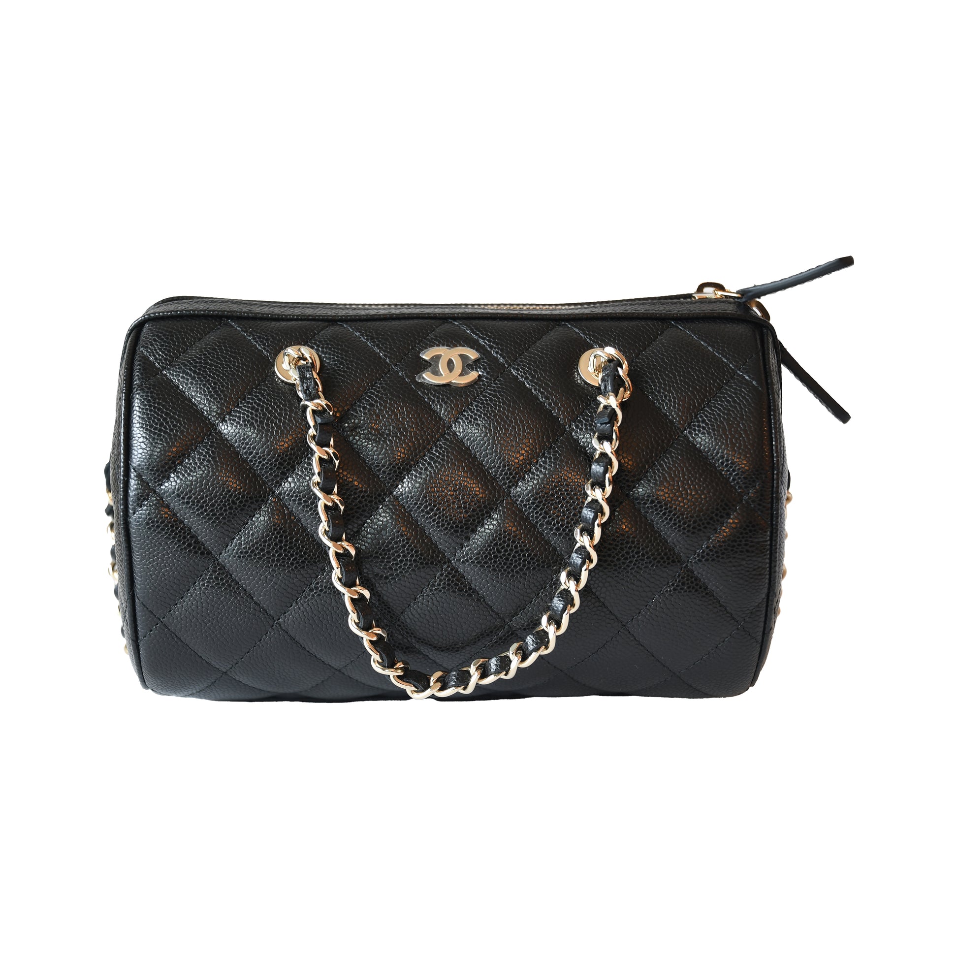 Chanel Quilted Caviar 25P Bowling Barrel Bag With Chain Gold Hardware Black-NOBLEMARS