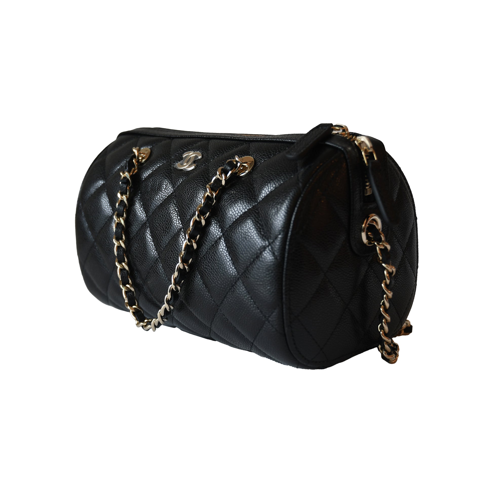 Chanel Quilted Caviar 25P Bowling Barrel Bag With Chain Gold Hardware Black-NOBLEMARS