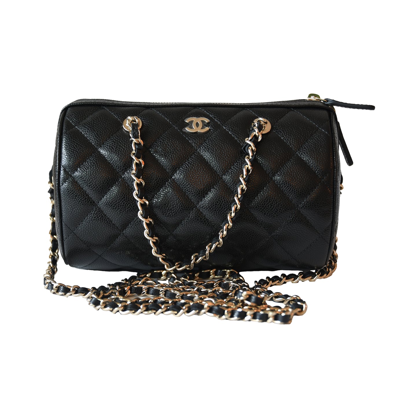 Chanel Quilted Caviar 25P Bowling Barrel Bag With Chain Gold Hardware Black-NOBLEMARS