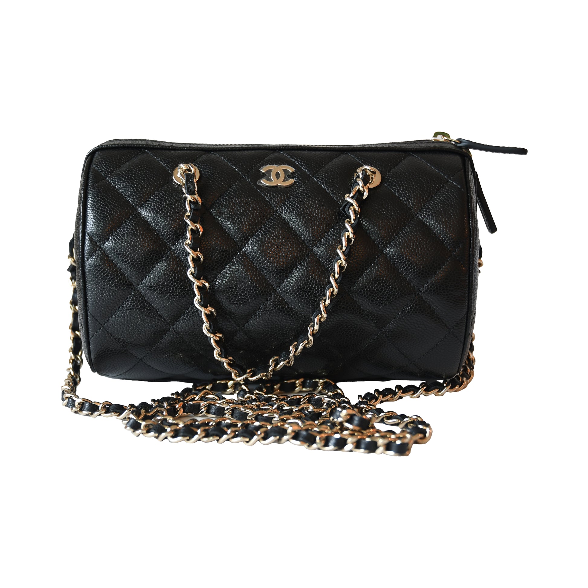 Chanel Quilted Caviar 25P Bowling Barrel Bag With Chain Gold Hardware Black-NOBLEMARS