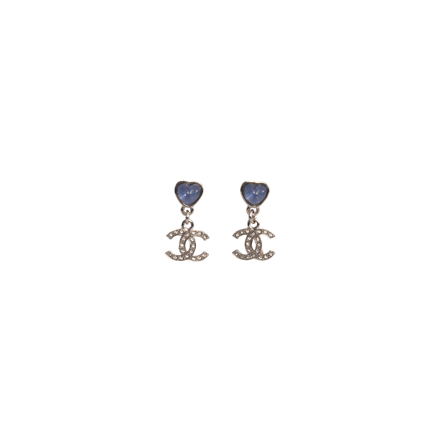 Chanel Crystal Strass Resin CC Heart Drop Earrings Silver Blue-NOBLEMARS