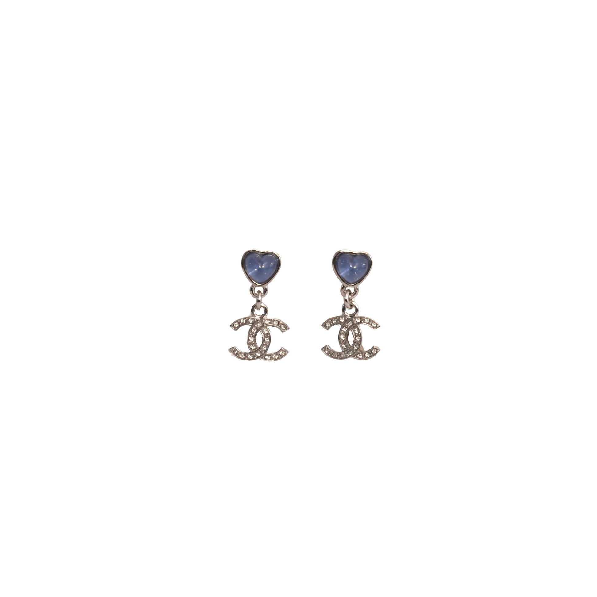 Chanel Crystal Strass Resin CC Heart Drop Earrings Silver Blue-NOBLEMARS