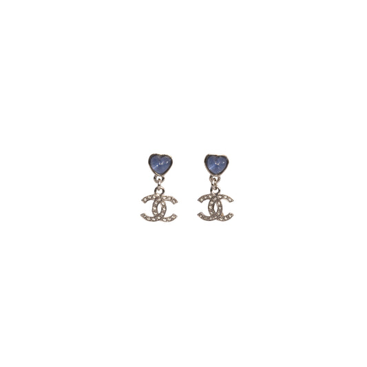 Chanel Crystal Strass Resin CC Heart Drop Earrings Silver Blue