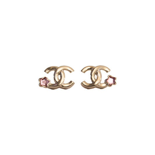 Chanel CC With Pink Star Stud Earrings Gold