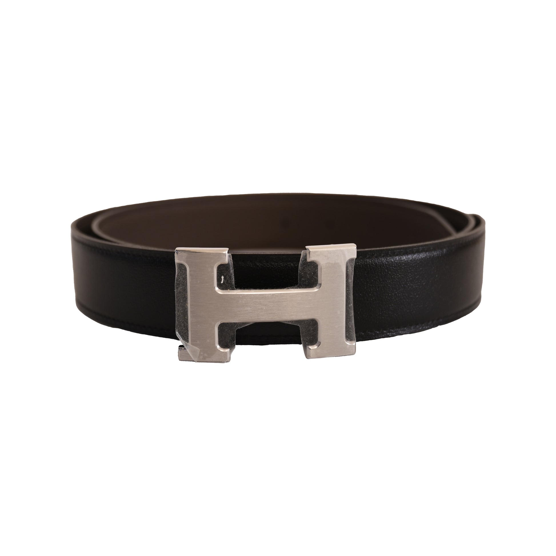 Hermes 32mm Constance H Belt Buckle With Reversible Veau Box Veau Togo Palladium Plated Hardware Noir Chocolate-NOBLEMARS