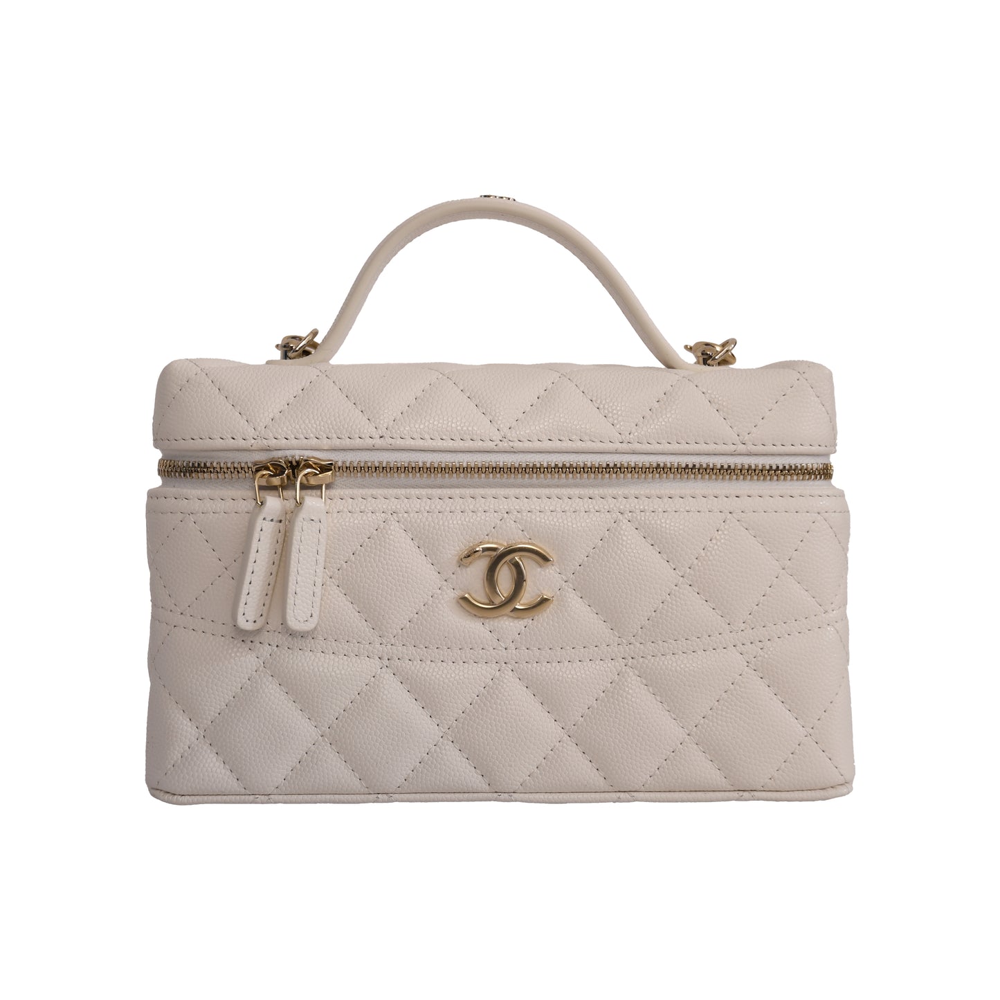Chanel CC Quilted Grained Shiny Calfskin Top Handle Long Chain Vanity Case L19 White-NOBLEMARS