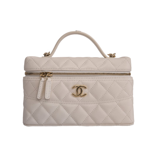 Chanel CC Quilted Grained Shiny Calfskin Top Handle Long Chain Vanity Case L19 White