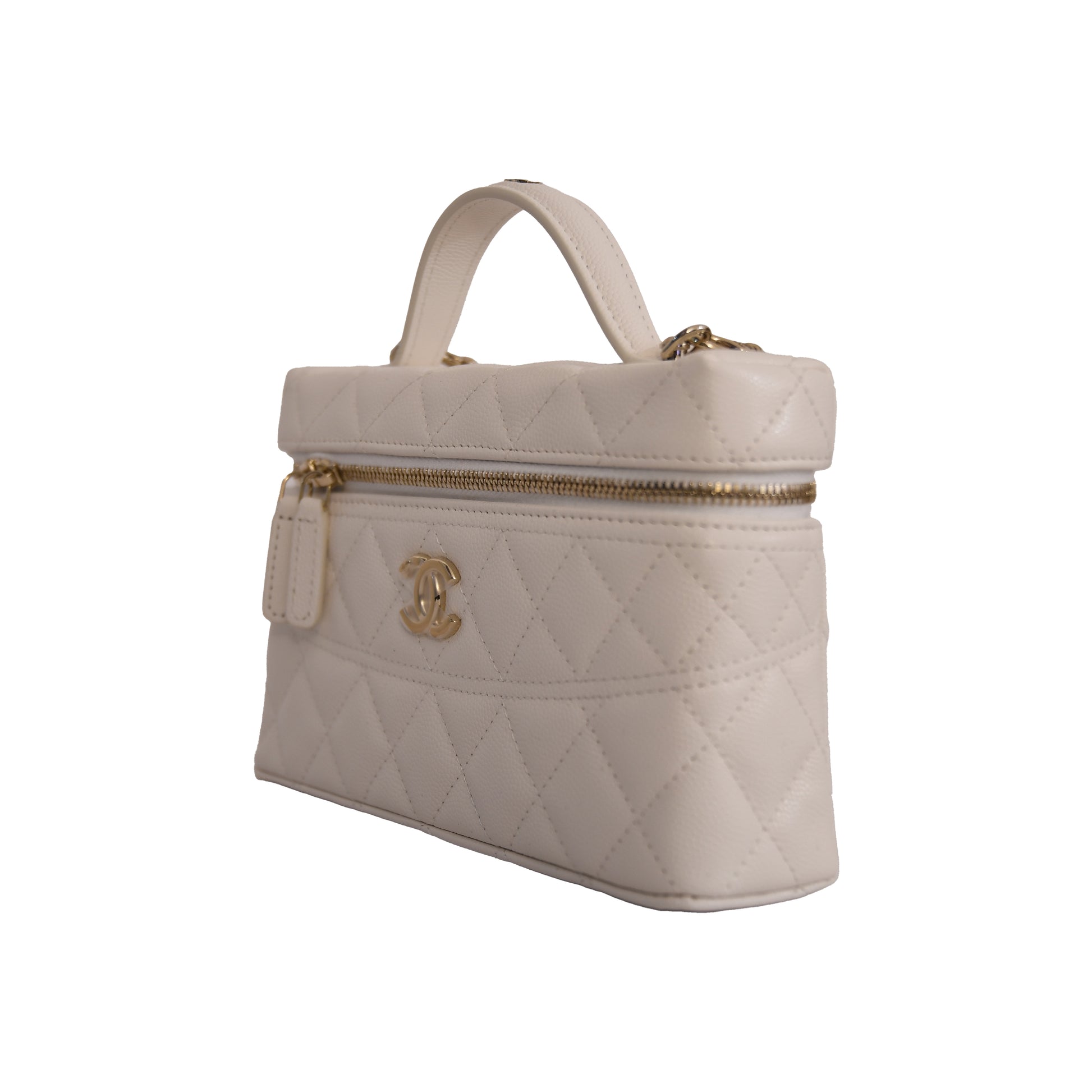 Chanel CC Quilted Grained Shiny Calfskin Top Handle Long Chain Vanity Case L19 White-NOBLEMARS
