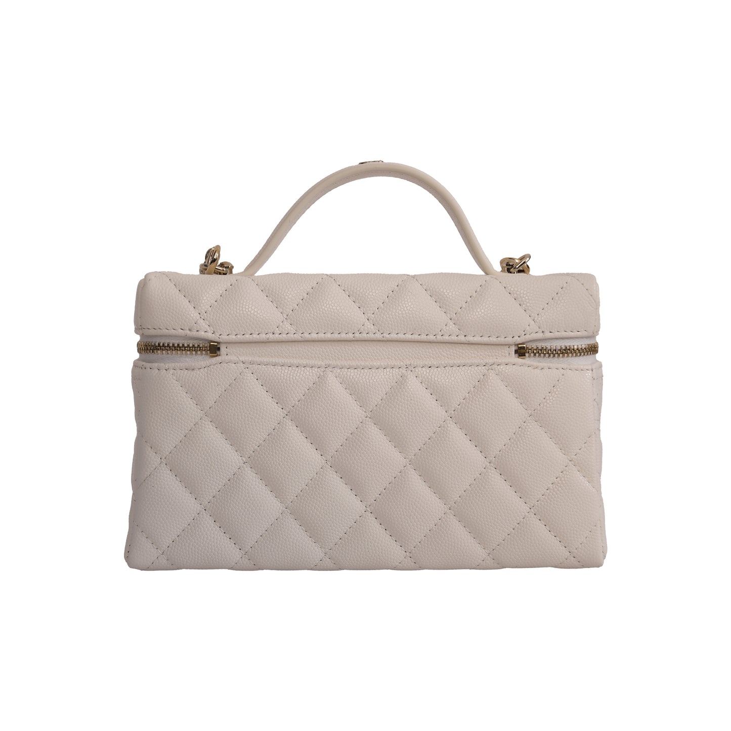 Chanel CC Quilted Grained Shiny Calfskin Top Handle Long Chain Vanity Case L19 White-NOBLEMARS