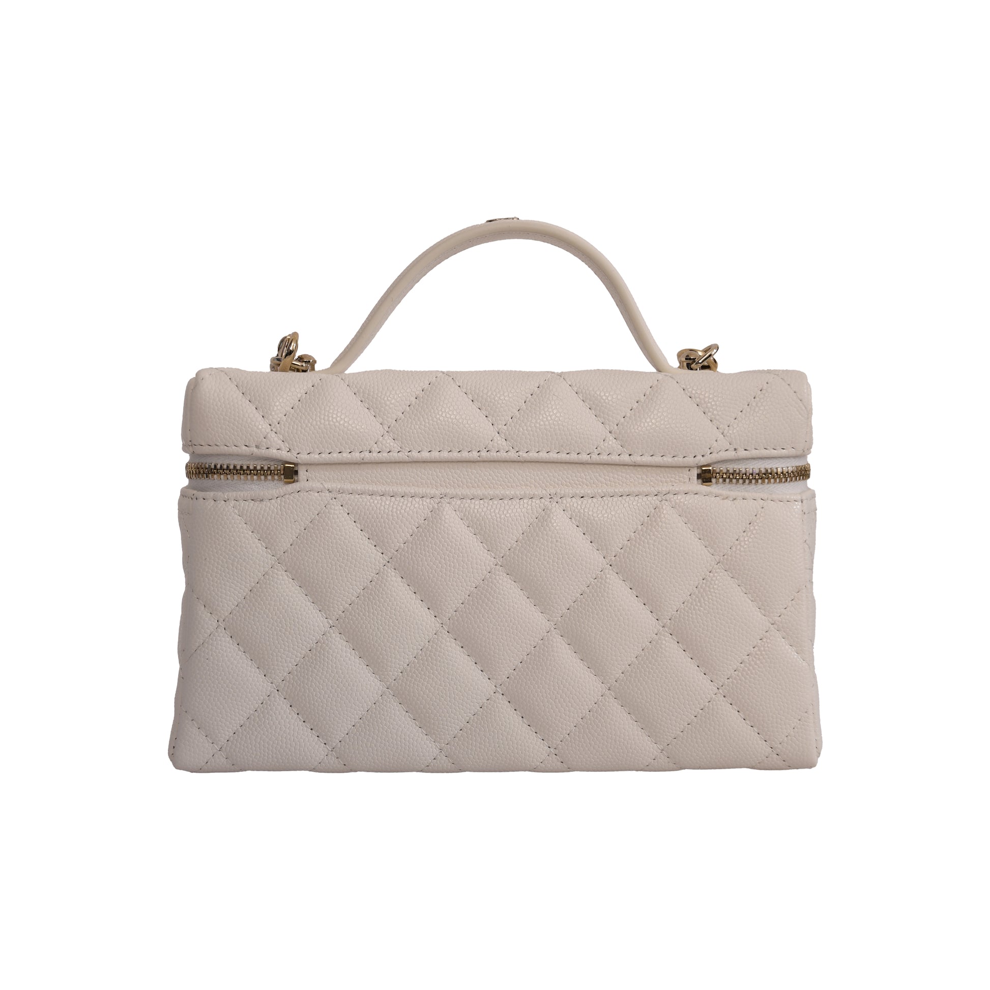 Chanel CC Quilted Grained Shiny Calfskin Top Handle Long Chain Vanity Case L19 White-NOBLEMARS