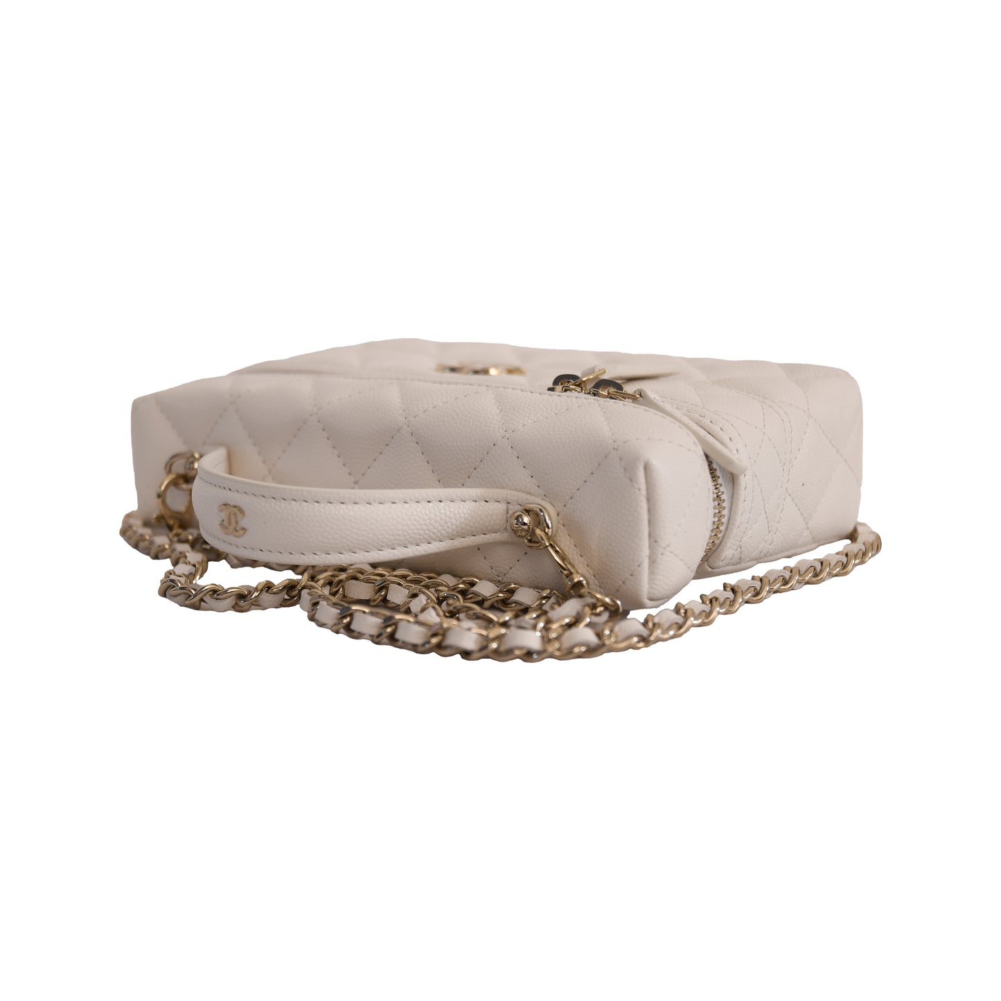 Chanel CC Quilted Grained Shiny Calfskin Top Handle Long Chain Vanity Case L19 White-NOBLEMARS