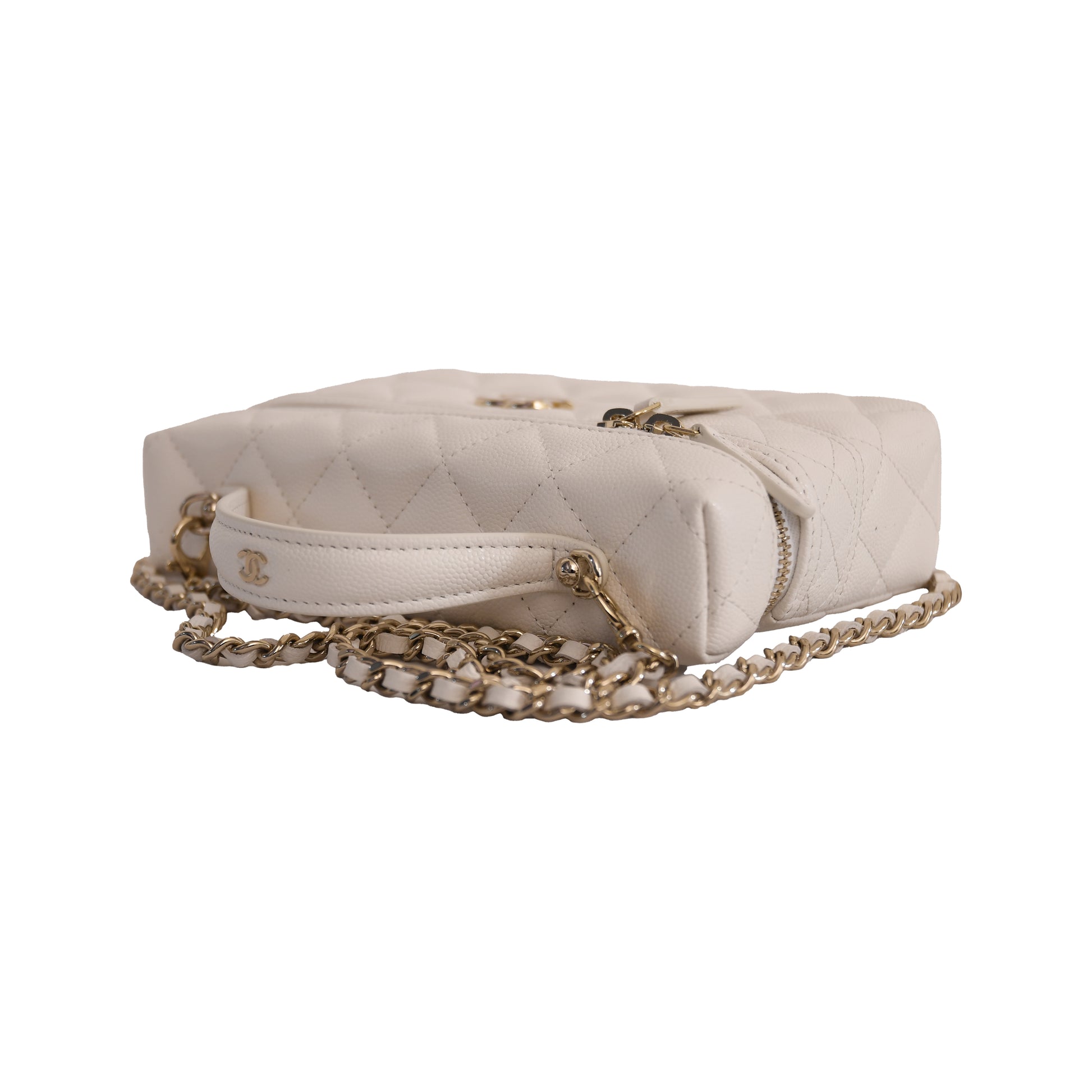 Chanel CC Quilted Grained Shiny Calfskin Top Handle Long Chain Vanity Case L19 White-NOBLEMARS