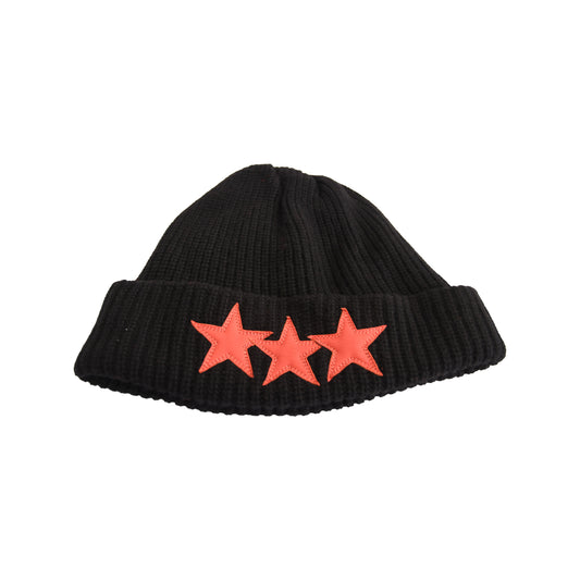 Chrome Hearts Cashmere Beanie with Orange Leather Triple Star Patches Black-NOBLEMARS