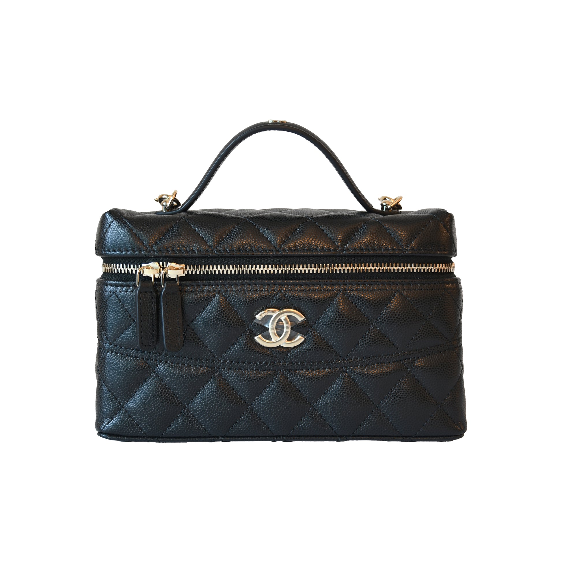 Chanel CC Quilted Grained Shiny Calfskin Top Handle Long Chain Vanity Case L19 Black-NOBLEMARS