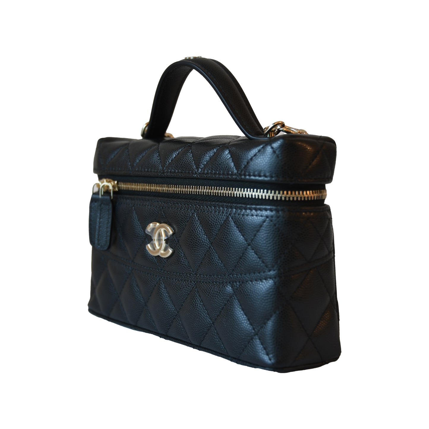 Chanel CC Quilted Grained Shiny Calfskin Top Handle Long Chain Vanity Case L19 Black-NOBLEMARS