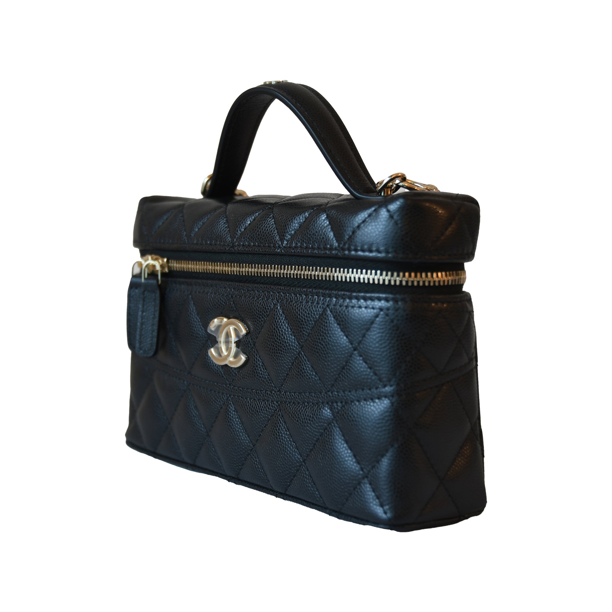 Chanel CC Quilted Grained Shiny Calfskin Top Handle Long Chain Vanity Case L19 Black-NOBLEMARS
